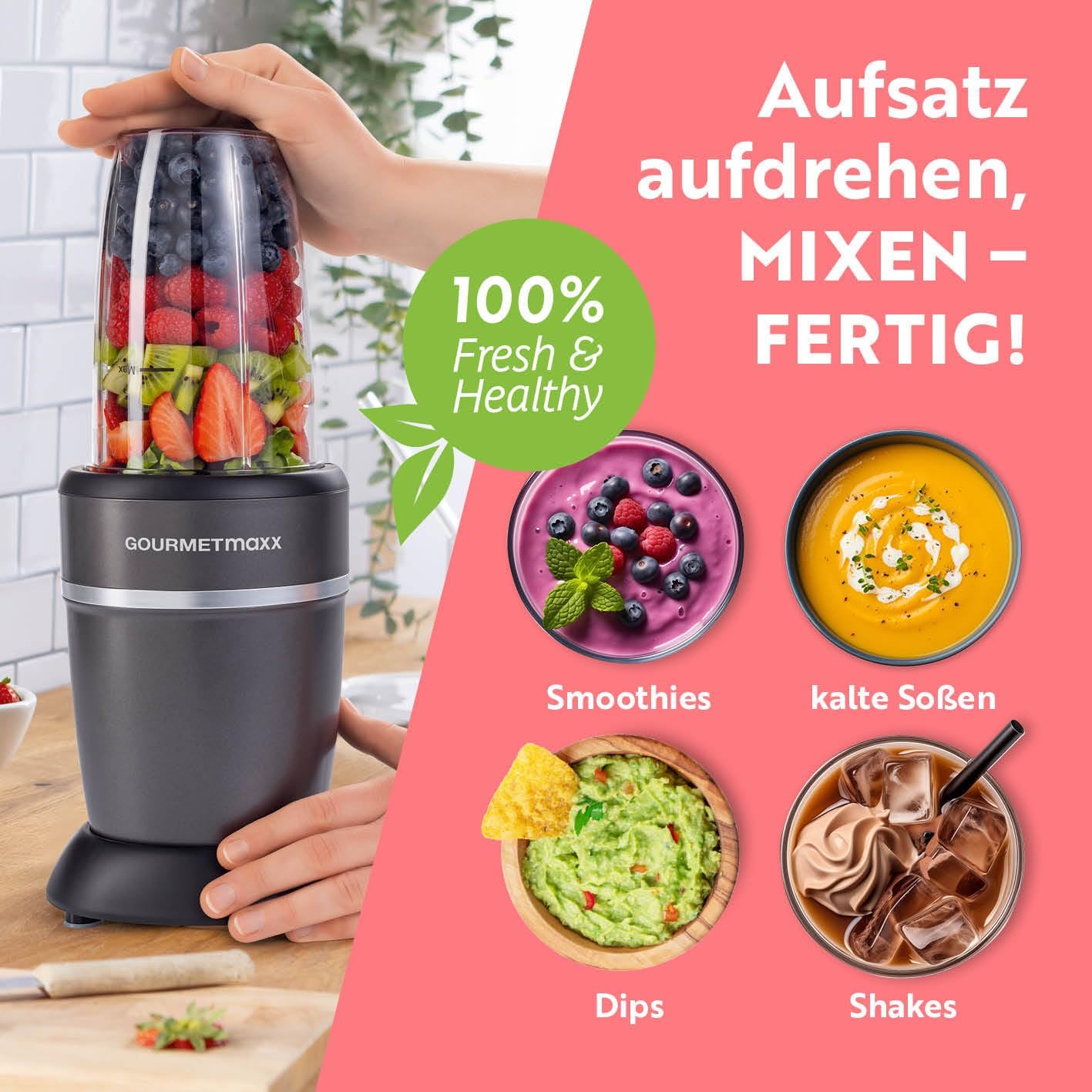 GOURMETmaxx Mixer & Smoothie Maker 4-tlg. | Standmixer elektrisch für den Vitaminkick to go | Nutrition Mixer mit auslaufsicherem Deckel | Blender, Food Processor für Shakes & Co. — Ansicht 5