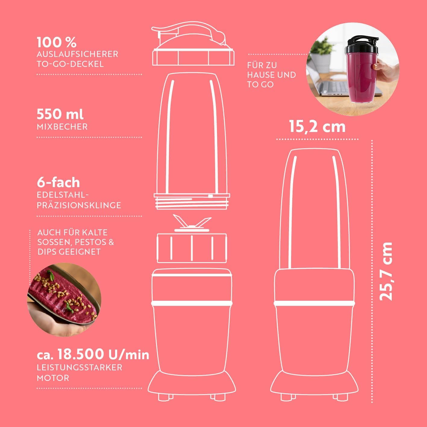 GOURMETmaxx Mixer & Smoothie Maker 4-tlg. | Standmixer elektrisch für den Vitaminkick to go | Nutrition Mixer mit auslaufsicherem Deckel | Blender, Food Processor für Shakes & Co. — Ansicht 6