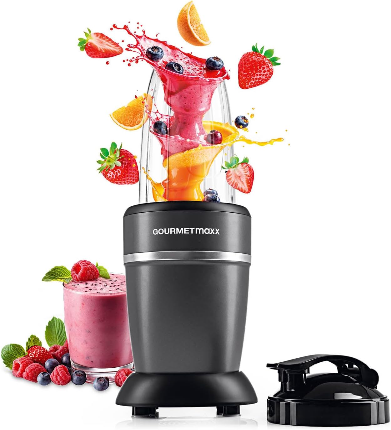 GOURMETmaxx Mixer & Smoothie Maker 4-tlg. | Standmixer elektrisch für den Vitaminkick to go | Nutrition Mixer mit auslaufsicherem Deckel | Blender, Food Processor für Shakes & Co.