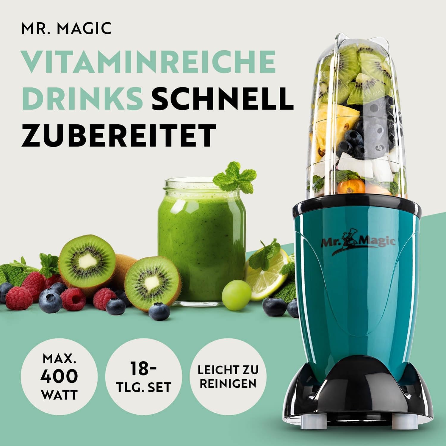 GOURMETmaxx Mr. Magic Mixer | Smoothie Maker mit XXL-Zubehörpaket | Standmixer 18-tlg. | Blender mit auslaufsicheren Frischhaltedeckeln | Food Processor für Shakes, Smoothies etc. — Ansicht 2