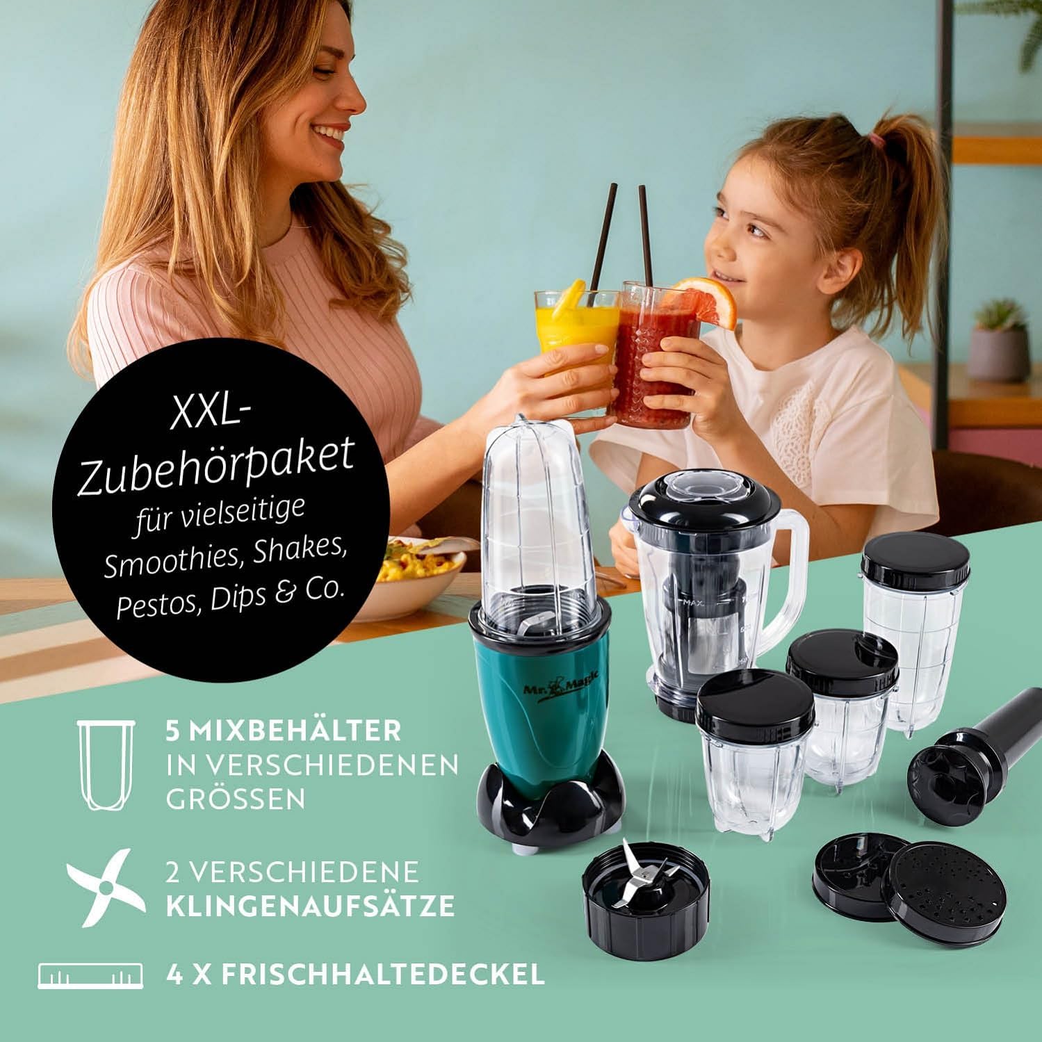 GOURMETmaxx Mr. Magic Mixer | Smoothie Maker mit XXL-Zubehörpaket | Standmixer 18-tlg. | Blender mit auslaufsicheren Frischhaltedeckeln | Food Processor für Shakes, Smoothies etc. — Ansicht 3