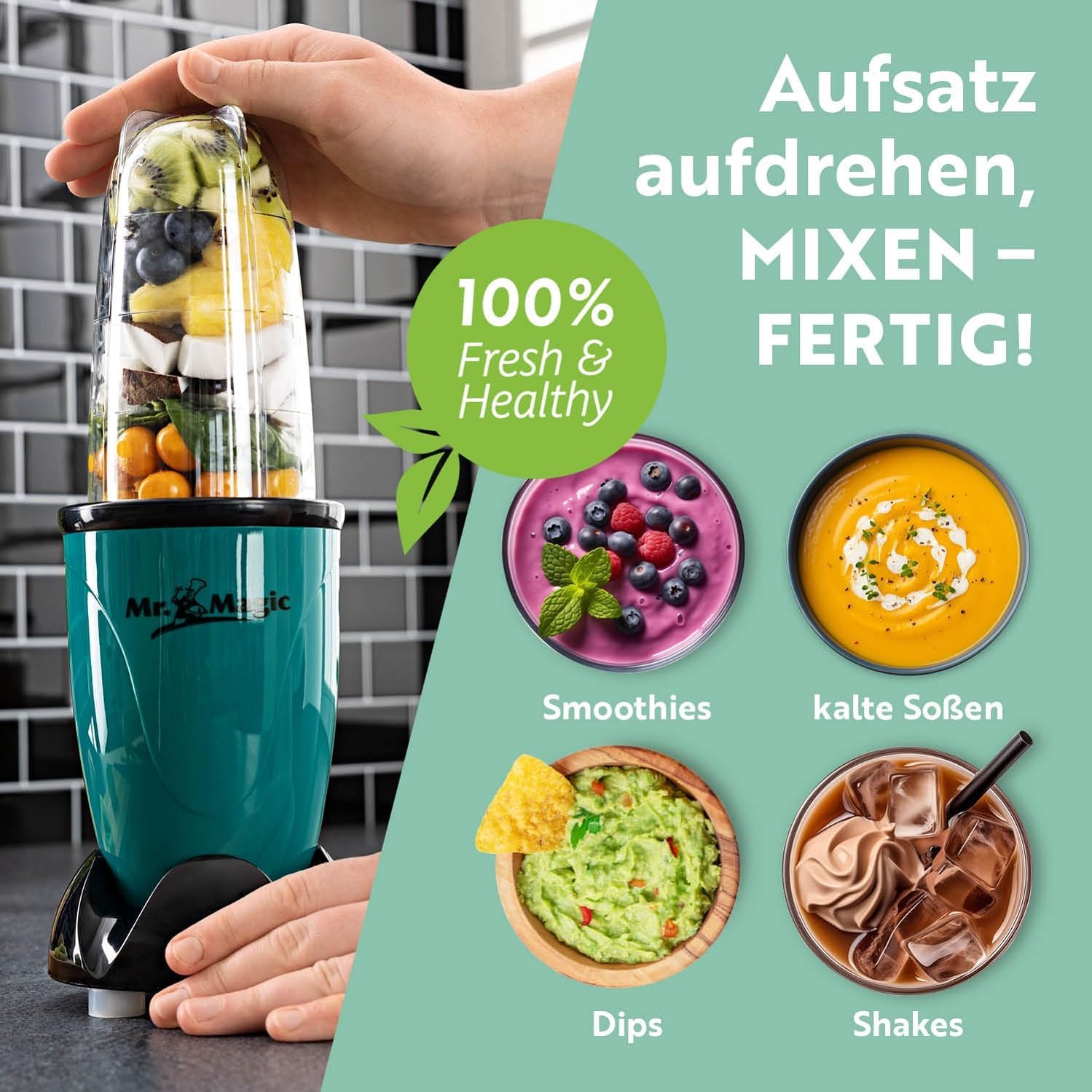 GOURMETmaxx Mr. Magic Mixer | Smoothie Maker mit XXL-Zubehörpaket | Standmixer 18-tlg. | Blender mit auslaufsicheren Frischhaltedeckeln | Food Processor für Shakes, Smoothies etc. — Ansicht 6