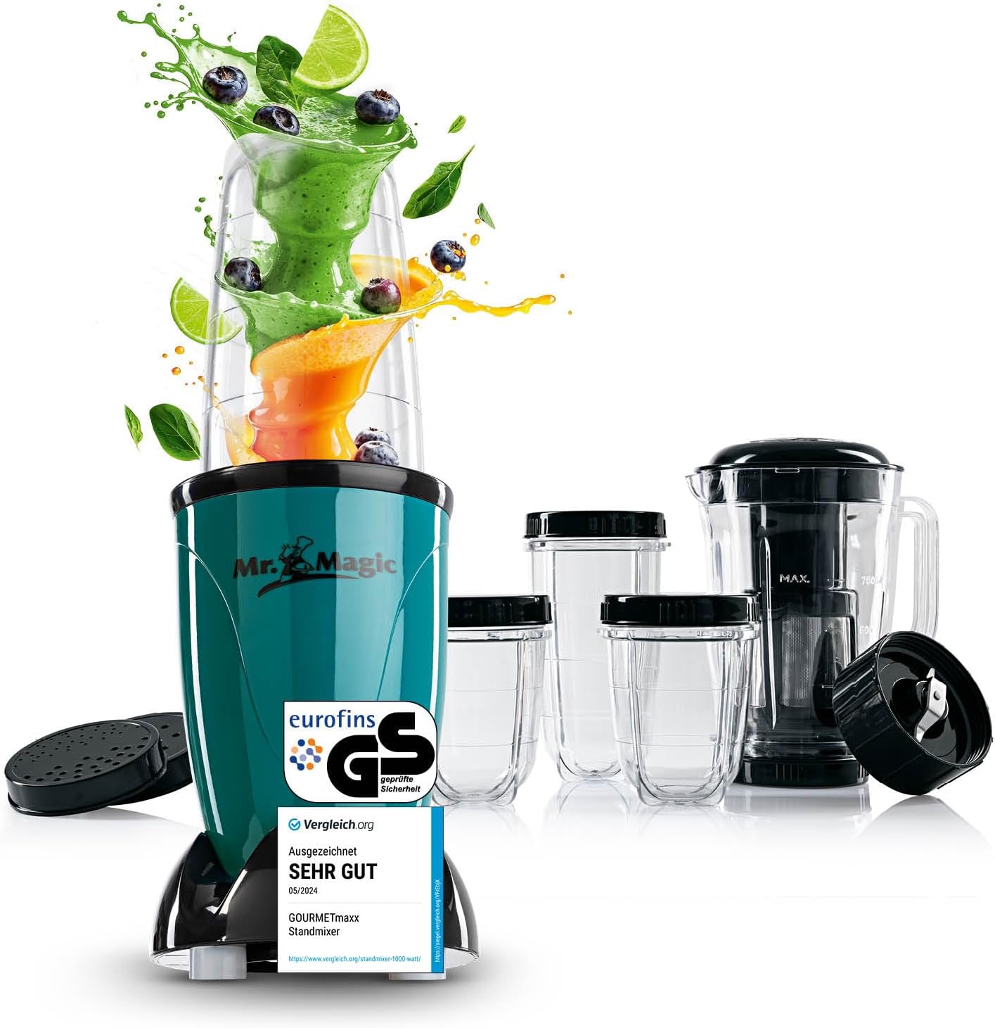 GOURMETmaxx Mr. Magic Mixer | Smoothie Maker mit XXL-Zubehörpaket | Standmixer 18-tlg. | Blender mit auslaufsicheren Frischhaltedeckeln | Food Processor für Shakes, Smoothies etc.