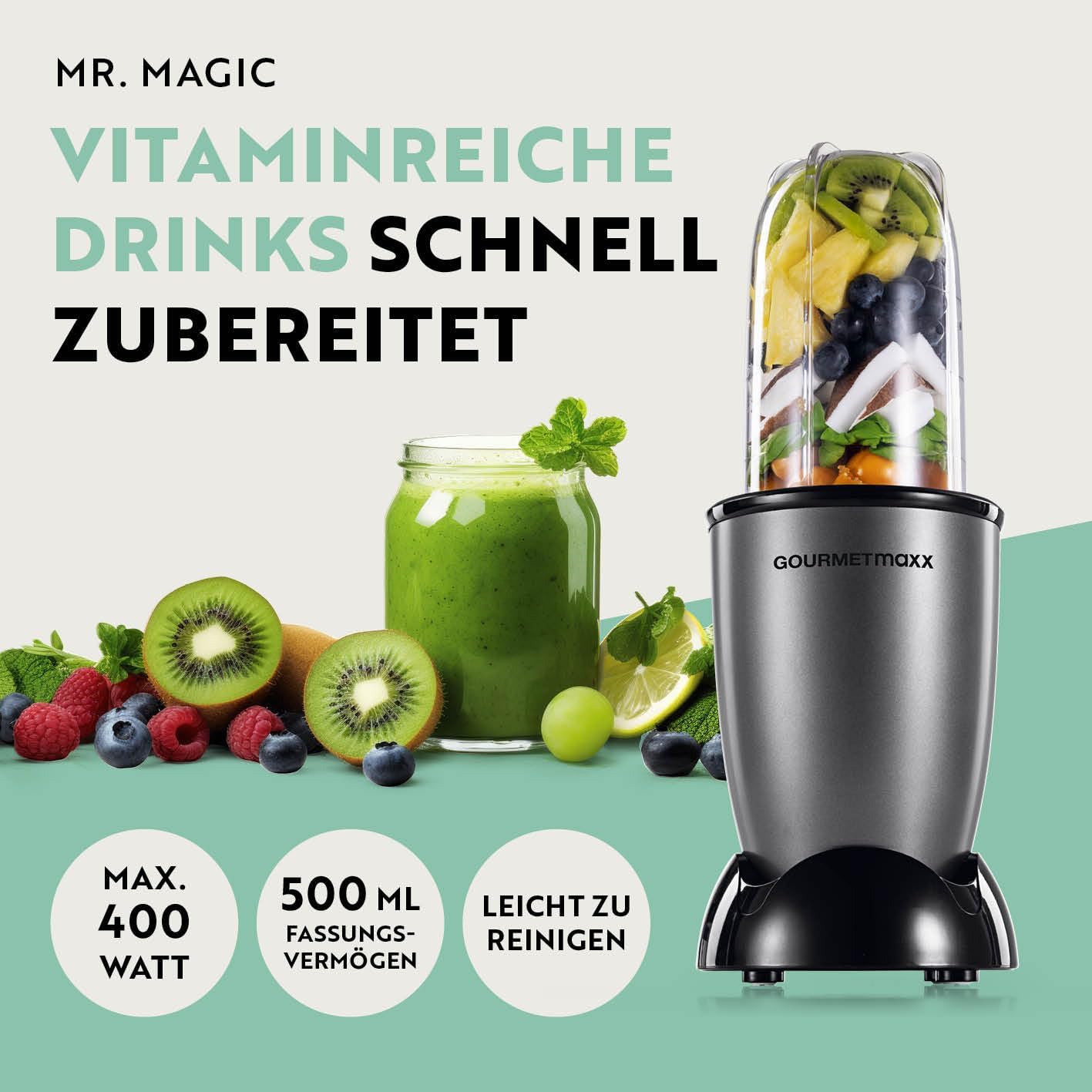GOURMETmaxx Mr. Magic Power Pro Mixer 400 Watt | Smoothie Maker mit to go Deckel | Standmixer mit Mixbecher & Frischhaltedeckel zum Aufbewahren | Blender mit Zubehörset XL für Shakes, Smoothies etc. — Ansicht 2