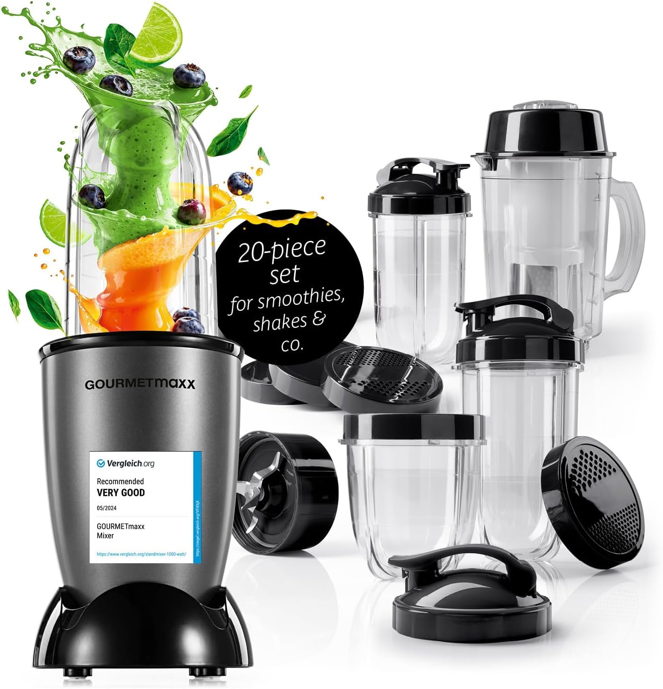 GOURMETmaxx Mr. Magic Power Pro Mixer 400 Watt | Smoothie Maker mit to go Deckel | Standmixer mit Mixbecher & Frischhaltedeckel zum Aufbewahren | Blender mit Zubehörset XL für Shakes, Smoothies etc.