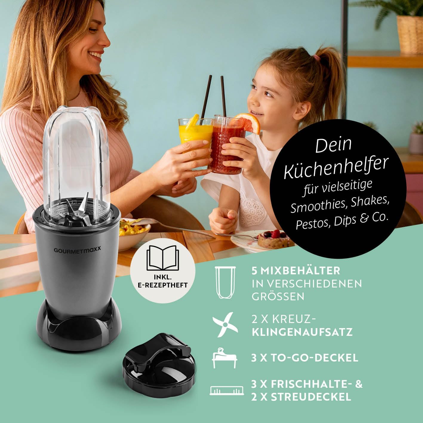 GOURMETmaxx Mr. Magic Power Pro Mixer 400 Watt | Smoothie Maker mit to go Deckel | Standmixer mit Mixbecher & Frischhaltedeckel zum Aufbewahren | Blender mit Zubehörset XL für Shakes, Smoothies etc. — Ansicht 3