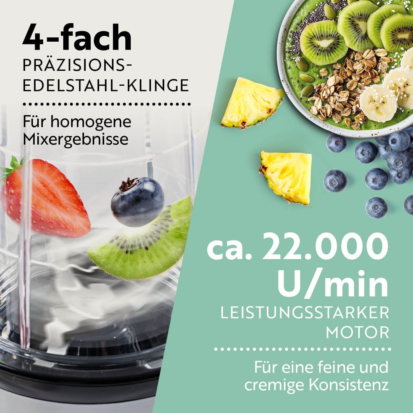GOURMETmaxx Mr. Magic Power Pro Mixer 400 Watt | Smoothie Maker mit to go Deckel | Standmixer mit Mixbecher & Frischhaltedeckel zum Aufbewahren | Blender mit Zubehörset XL für Shakes, Smoothies etc. — Ansicht 4