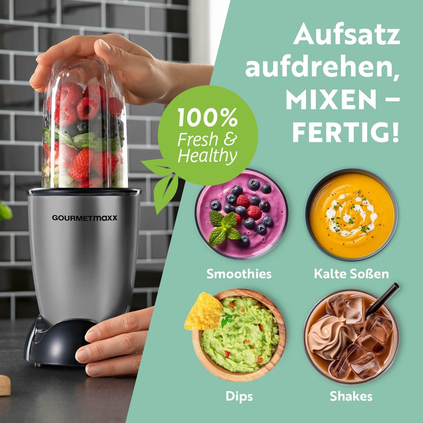 GOURMETmaxx Mr. Magic Power Pro Mixer 400 Watt | Smoothie Maker mit to go Deckel | Standmixer mit Mixbecher & Frischhaltedeckel zum Aufbewahren | Blender mit Zubehörset XL für Shakes, Smoothies etc. — Ansicht 5