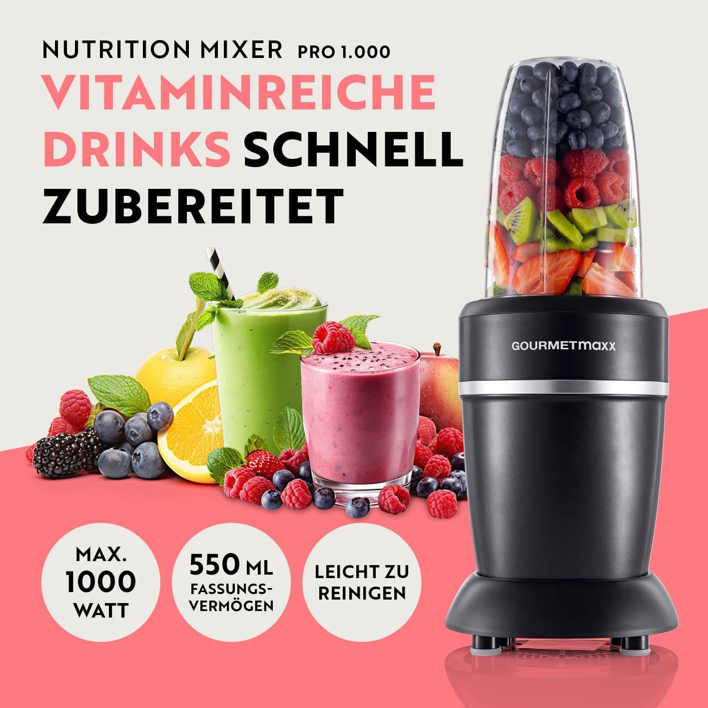 GOURMETmaxx Nutrition Mixer 1000 Watt | Smoothie Maker mit to go Deckel | Standmixer mit Mixbecher & Frischhaltedeckel – ideal zum Aufbewahren | Standmixer mit Zubehörset L für Shakes, Smoothies etc. — Ansicht 2