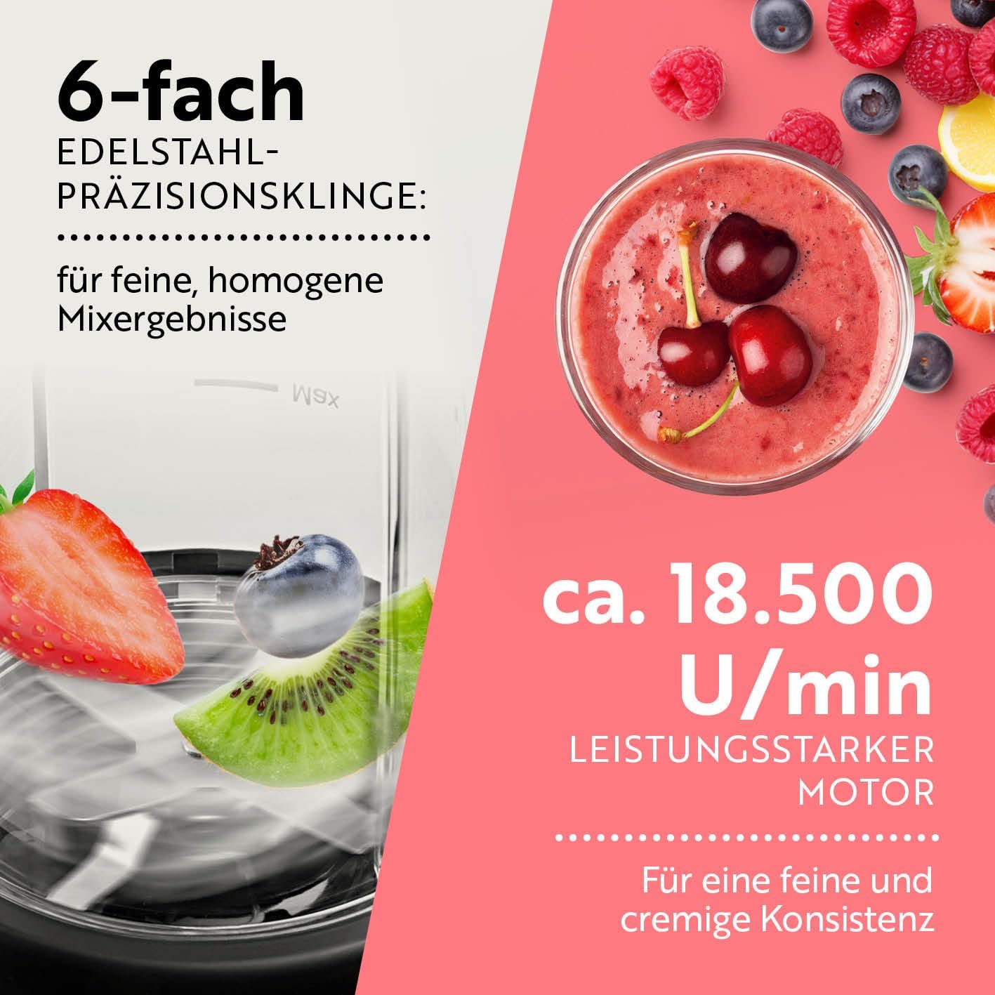 GOURMETmaxx Nutrition Mixer 1000 Watt | Smoothie Maker mit to go Deckel | Standmixer mit Mixbecher & Frischhaltedeckel – ideal zum Aufbewahren | Standmixer mit Zubehörset L für Shakes, Smoothies etc. — Ansicht 4
