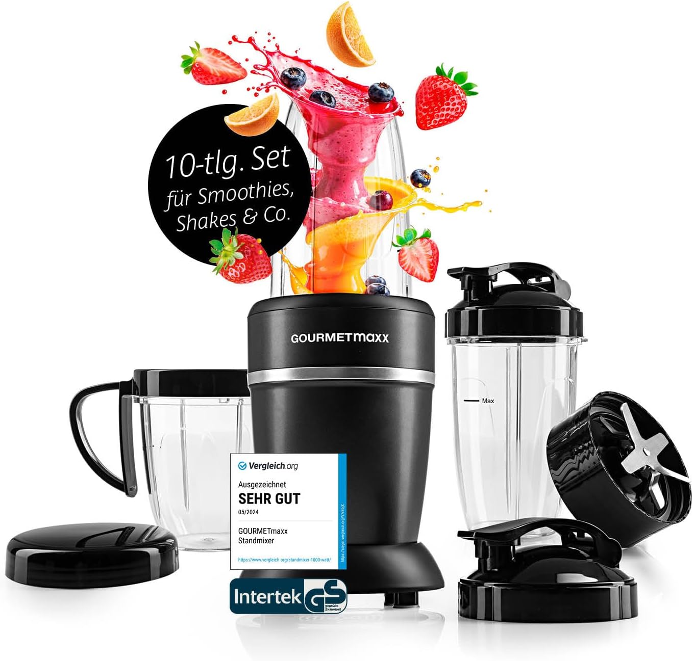 GOURMETmaxx Nutrition Mixer 1000 Watt | Smoothie Maker mit to go Deckel | Standmixer mit Mixbecher & Frischhaltedeckel – ideal zum Aufbewahren | Standmixer mit Zubehörset L für Shakes, Smoothies etc.