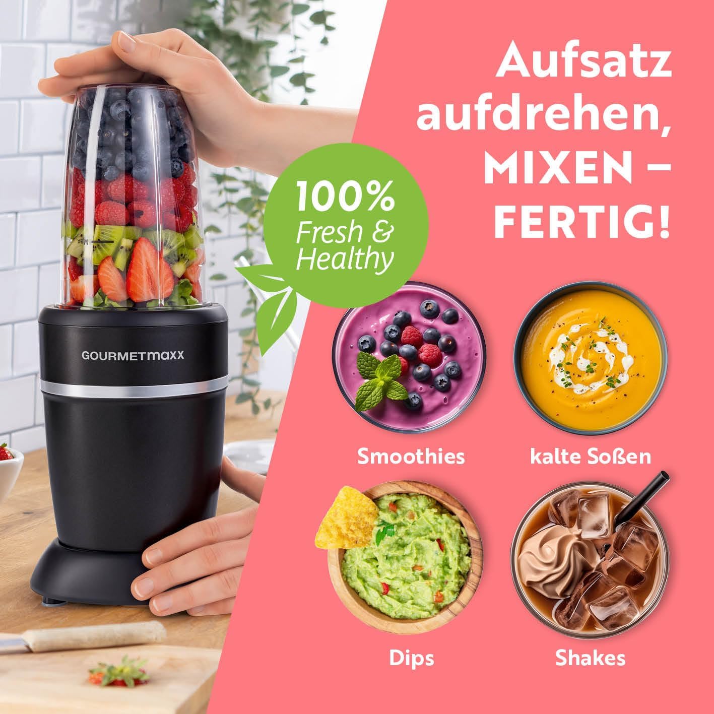GOURMETmaxx Nutrition Mixer 1000 Watt | Smoothie Maker mit to go Deckel | Standmixer mit Mixbecher & Frischhaltedeckel – ideal zum Aufbewahren | Standmixer mit Zubehörset L für Shakes, Smoothies etc. — Ansicht 5