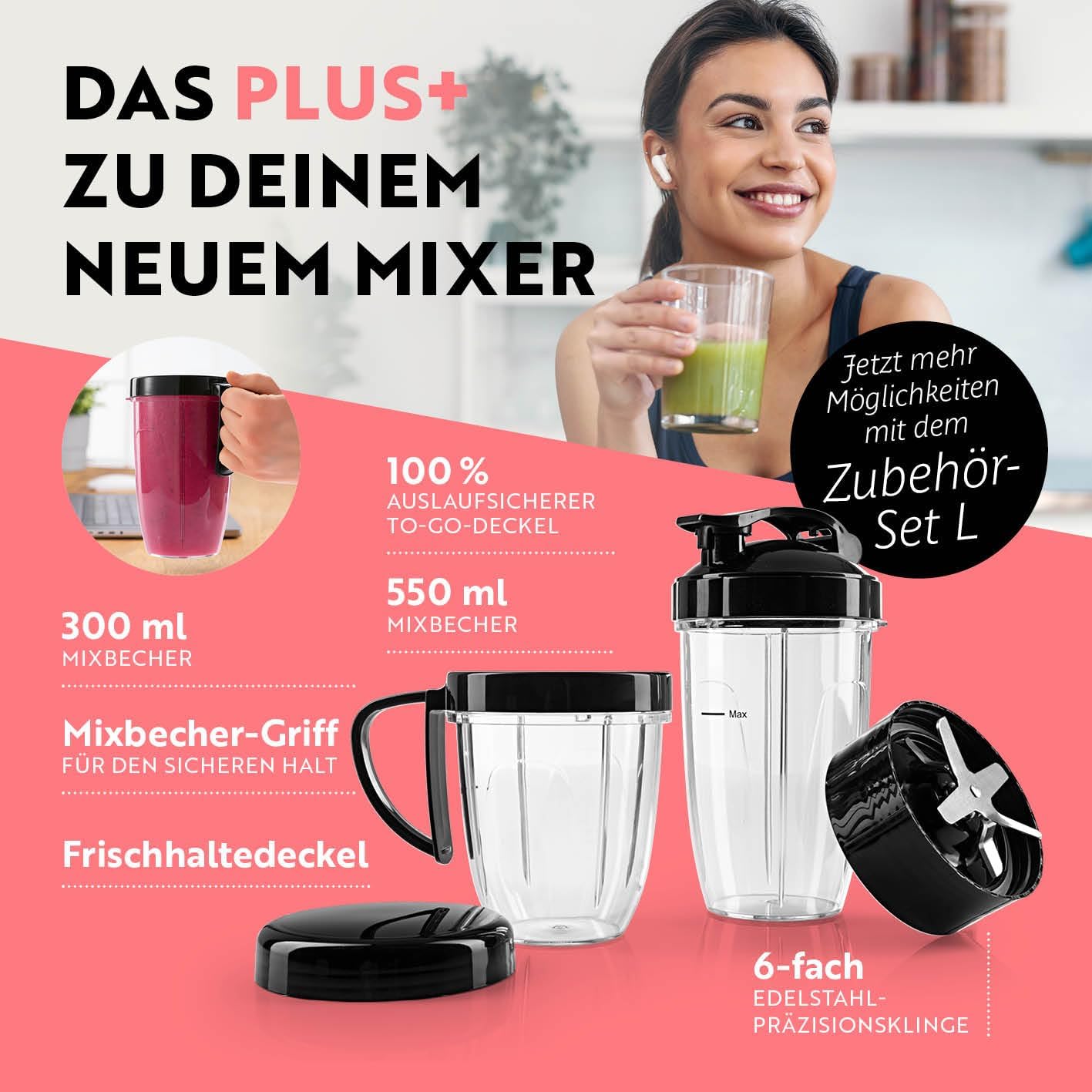 GOURMETmaxx Nutrition Mixer 1000 Watt | Smoothie Maker mit to go Deckel | Standmixer mit Mixbecher & Frischhaltedeckel – ideal zum Aufbewahren | Standmixer mit Zubehörset L für Shakes, Smoothies etc. — Ansicht 6