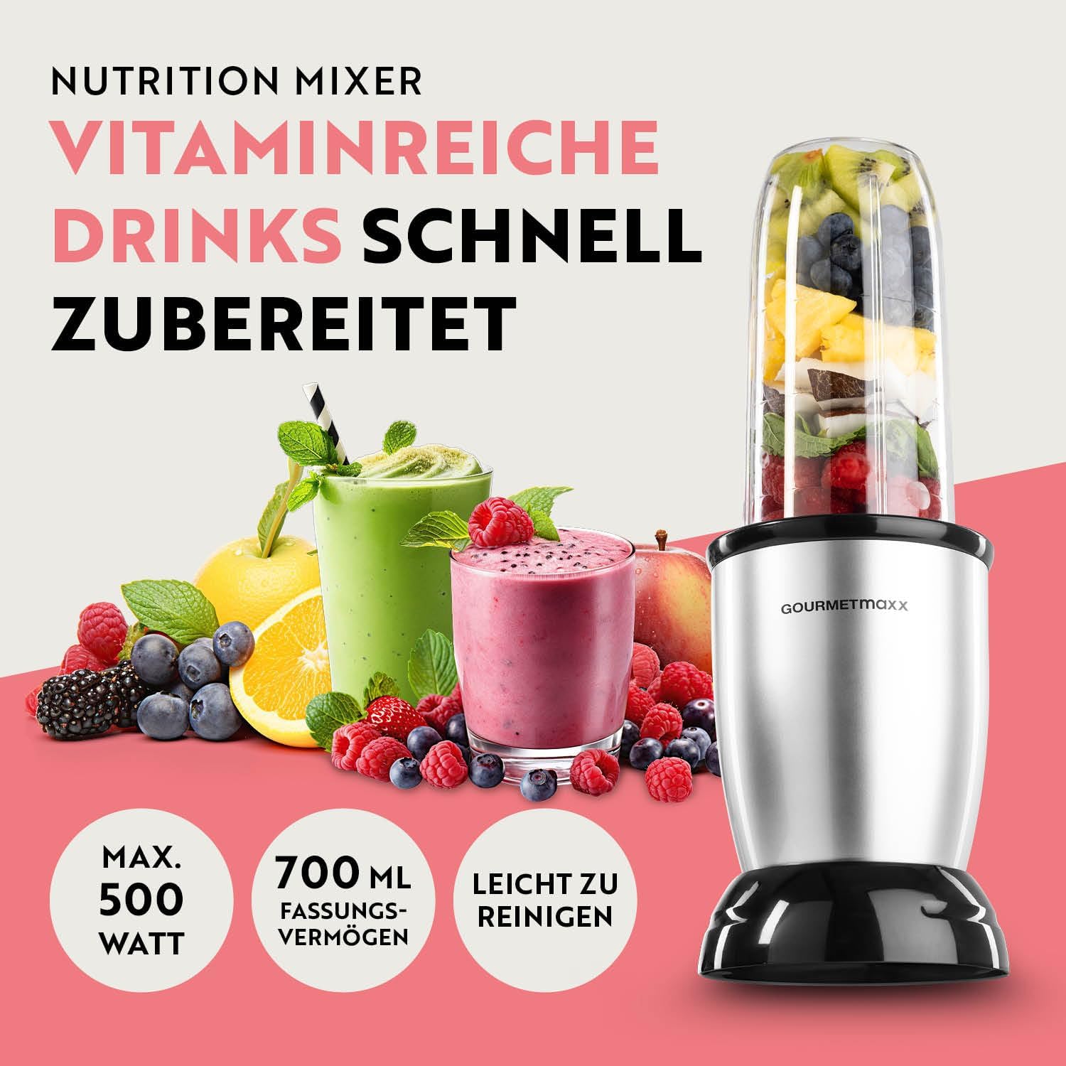 GOURMETmaxx Nutrition Mixer | Smoothie Maker - 4-tlg. | Standmixer mit großem 700-ml-Mixbecher & To go Deckel | Blender mit 22.000 U/min | Food Processor für Shakes, Smoothies etc. — Ansicht 2