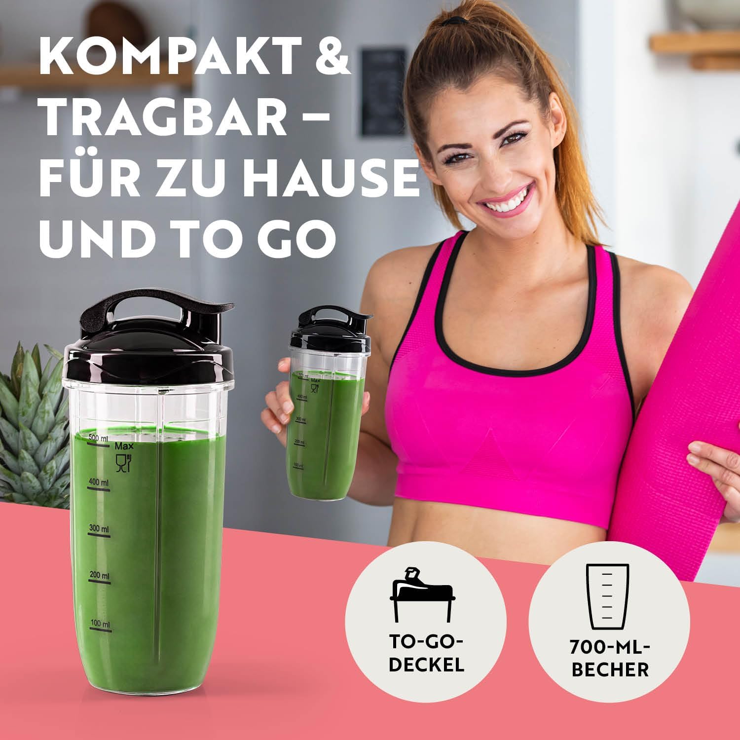 GOURMETmaxx Nutrition Mixer | Smoothie Maker - 4-tlg. | Standmixer mit großem 700-ml-Mixbecher & To go Deckel | Blender mit 22.000 U/min | Food Processor für Shakes, Smoothies etc. — Ansicht 3