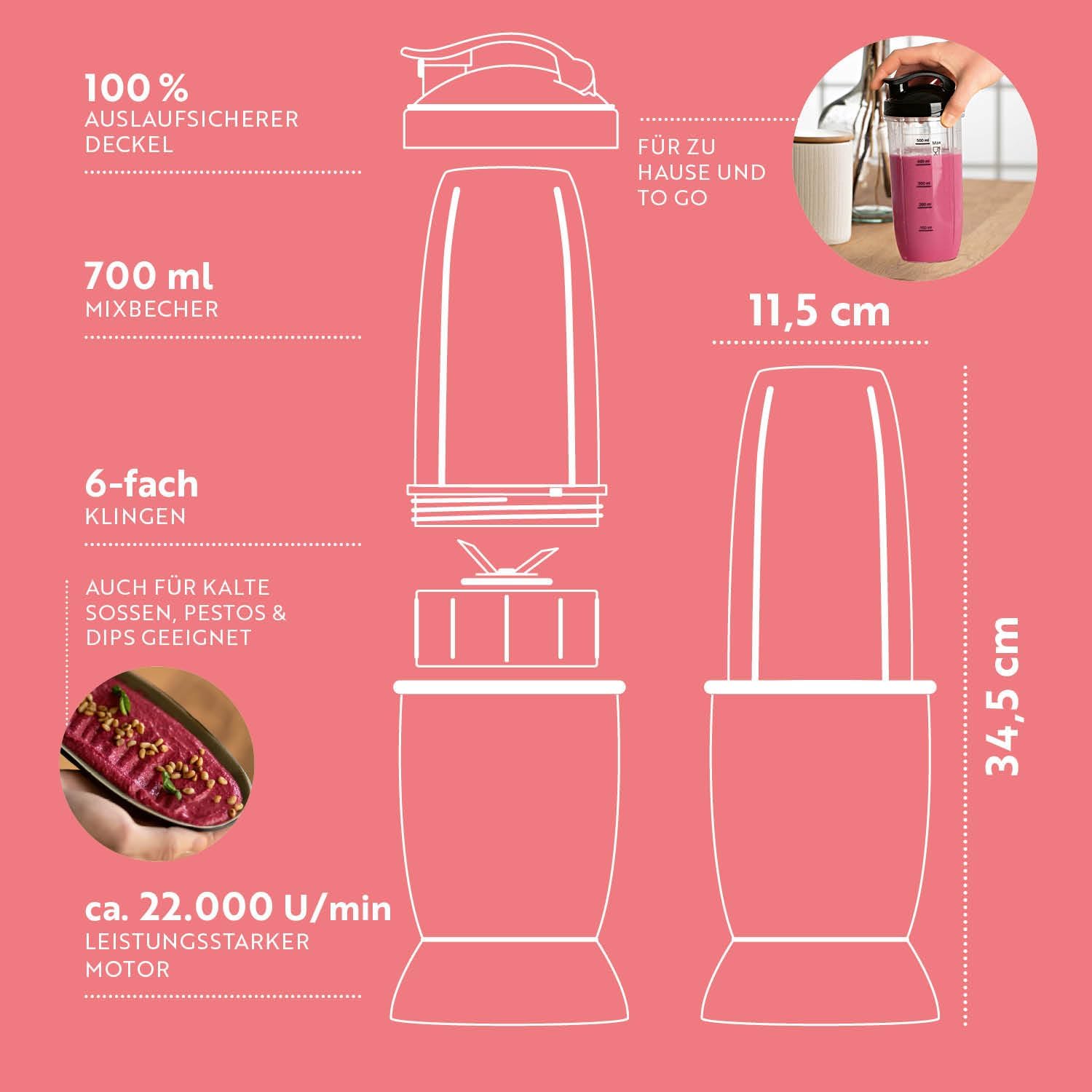 GOURMETmaxx Nutrition Mixer | Smoothie Maker - 4-tlg. | Standmixer mit großem 700-ml-Mixbecher & To go Deckel | Blender mit 22.000 U/min | Food Processor für Shakes, Smoothies etc. — Ansicht 6