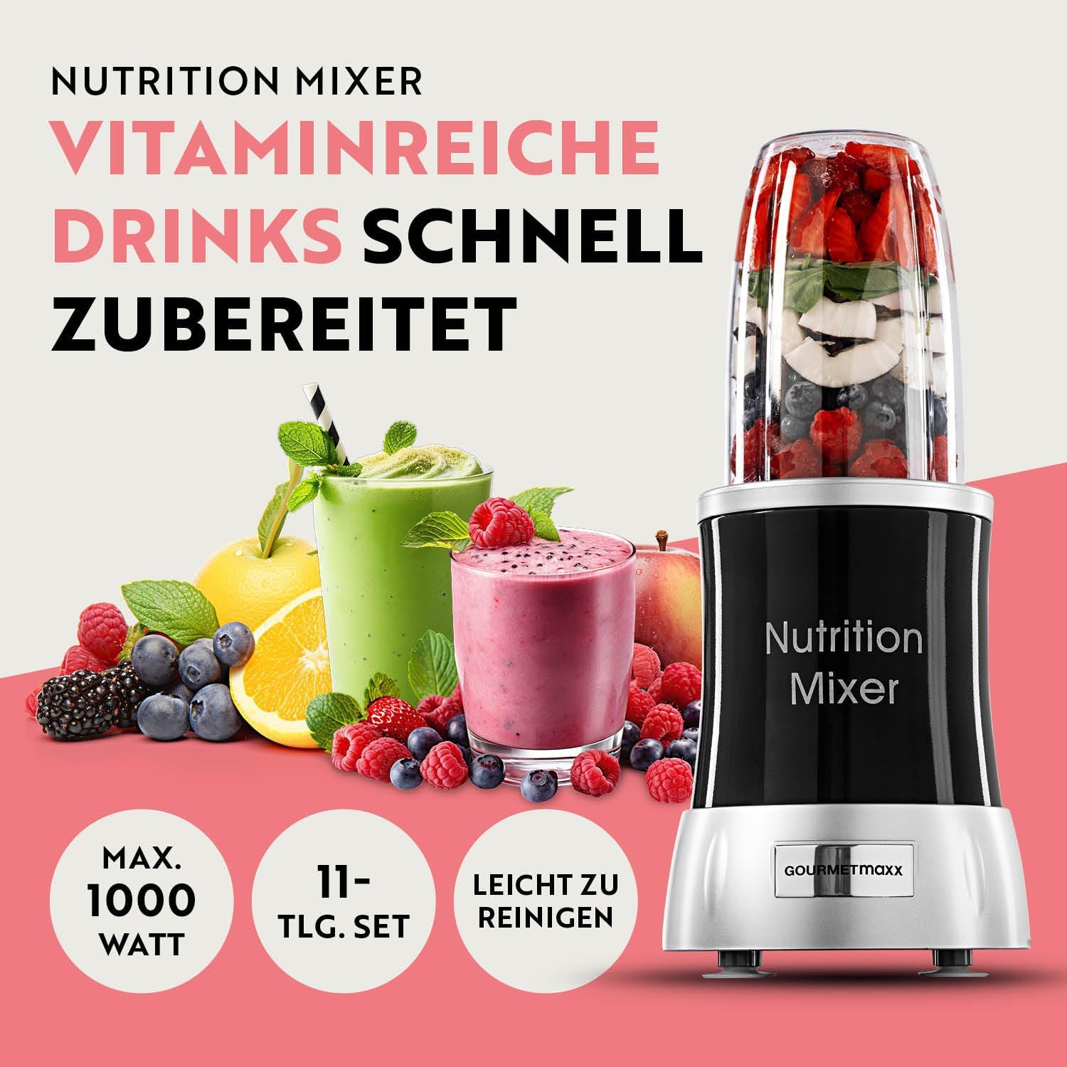 GOURMETmaxx Nutrition Mixer | Smoothie Maker mit XXL-Zubehörset | Standmixer 11-tlg. | Blender mit Rezepten, To go & Frischhaltedeckeln | Food Processor für Smoothies, Shakes & Co. — Ansicht 3