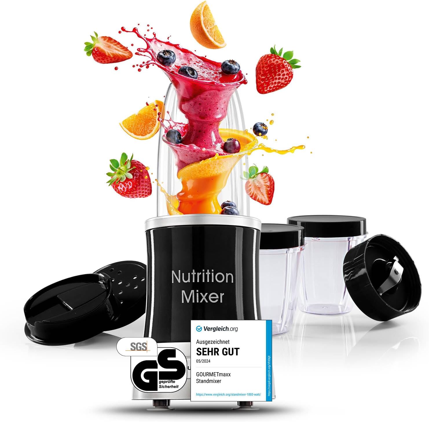 GOURMETmaxx Nutrition Mixer | Smoothie Maker mit XXL-Zubehörset | Standmixer 11-tlg. | Blender mit Rezepten, To go & Frischhaltedeckeln | Food Processor für Smoothies, Shakes & Co.