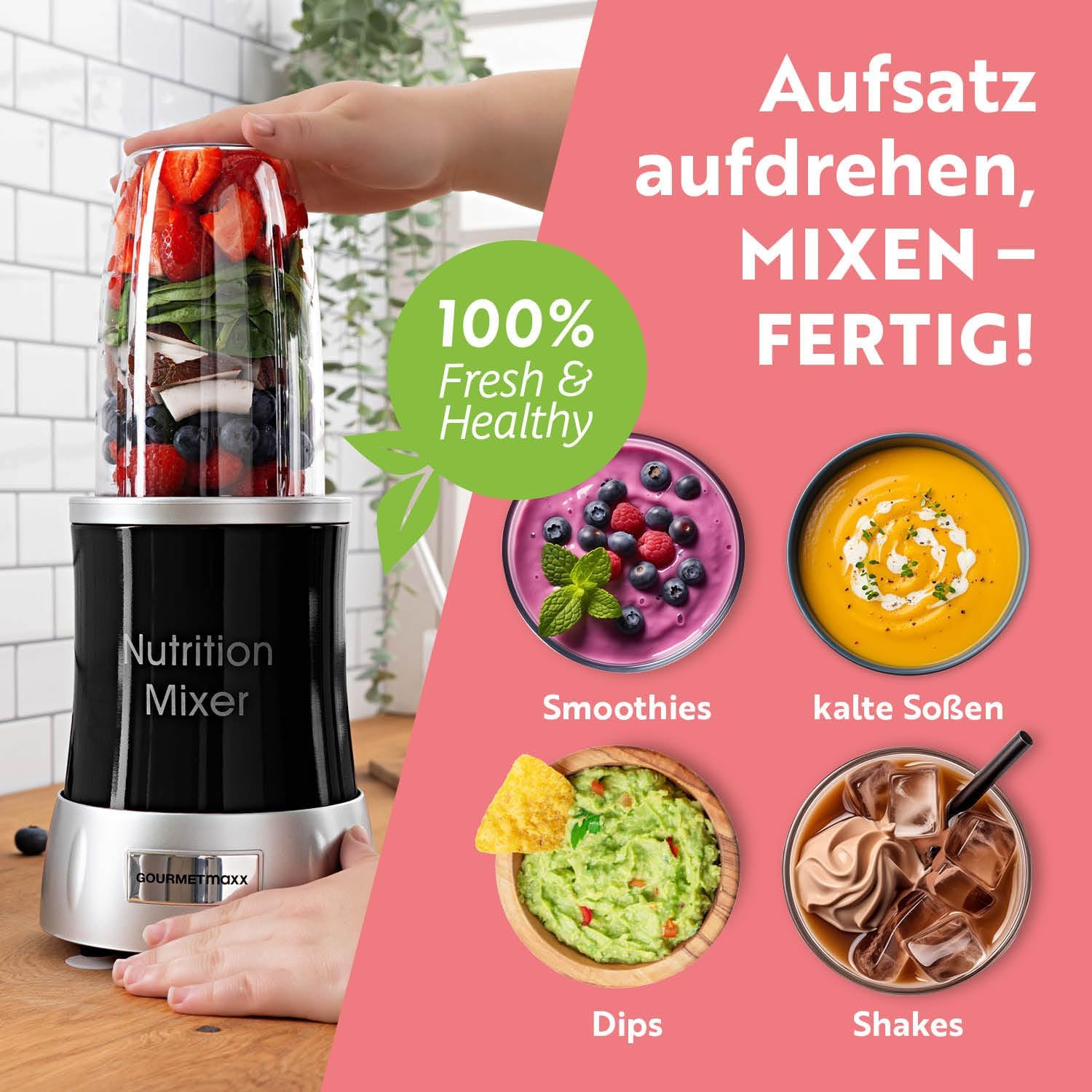 GOURMETmaxx Nutrition Mixer | Smoothie Maker mit XXL-Zubehörset | Standmixer 11-tlg. | Blender mit Rezepten, To go & Frischhaltedeckeln | Food Processor für Smoothies, Shakes & Co. — Ansicht 6