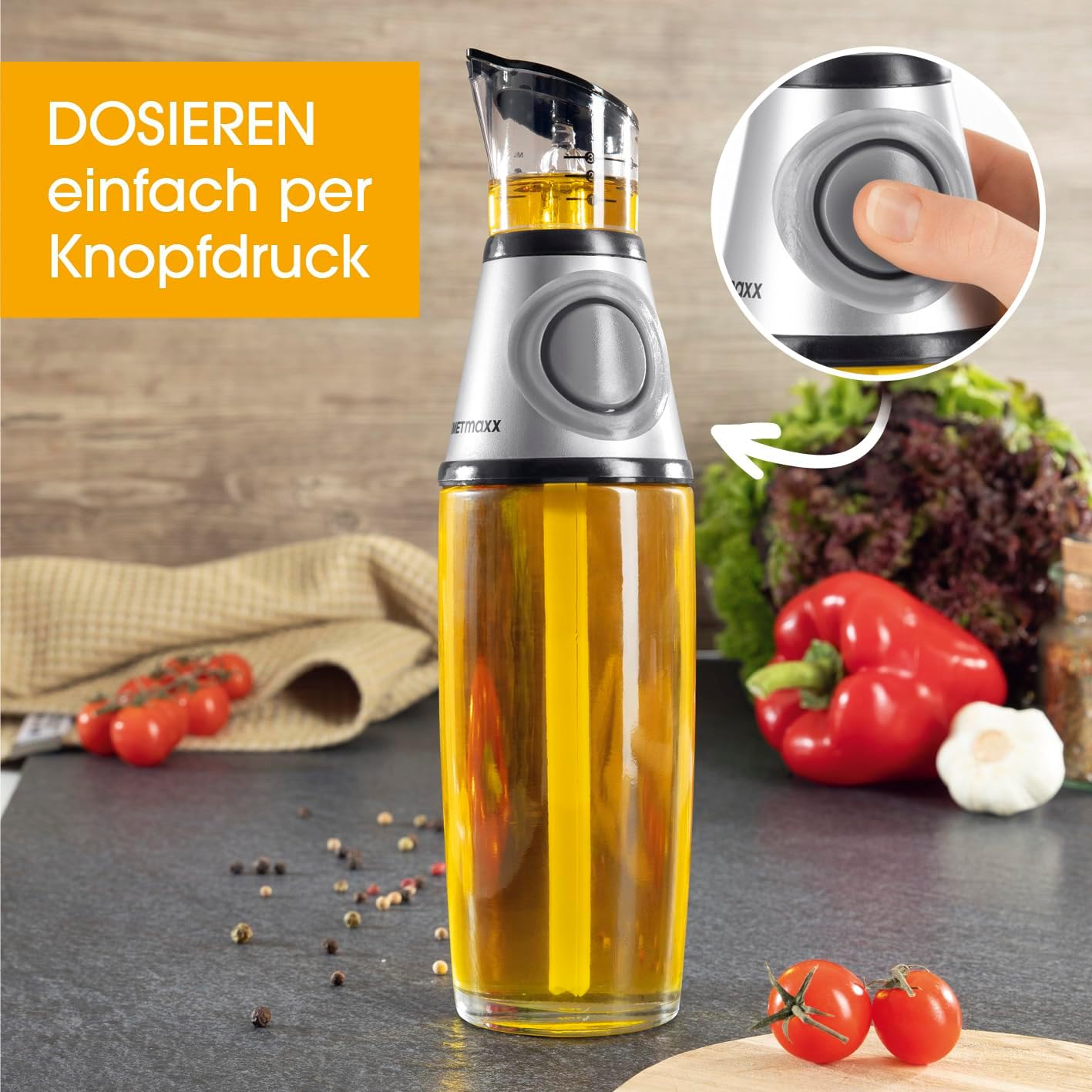 GOURMETmaxx Ölspender mit Dosierhilfe | Glasflasche mit Messskala in ml, EL & TL | Exakte Dosierung von Öl, Essig & mehr | Hygienisch, auslaufsicher & wiederverwendbar | Für Küche, Grill & Outdoor — Ansicht 2