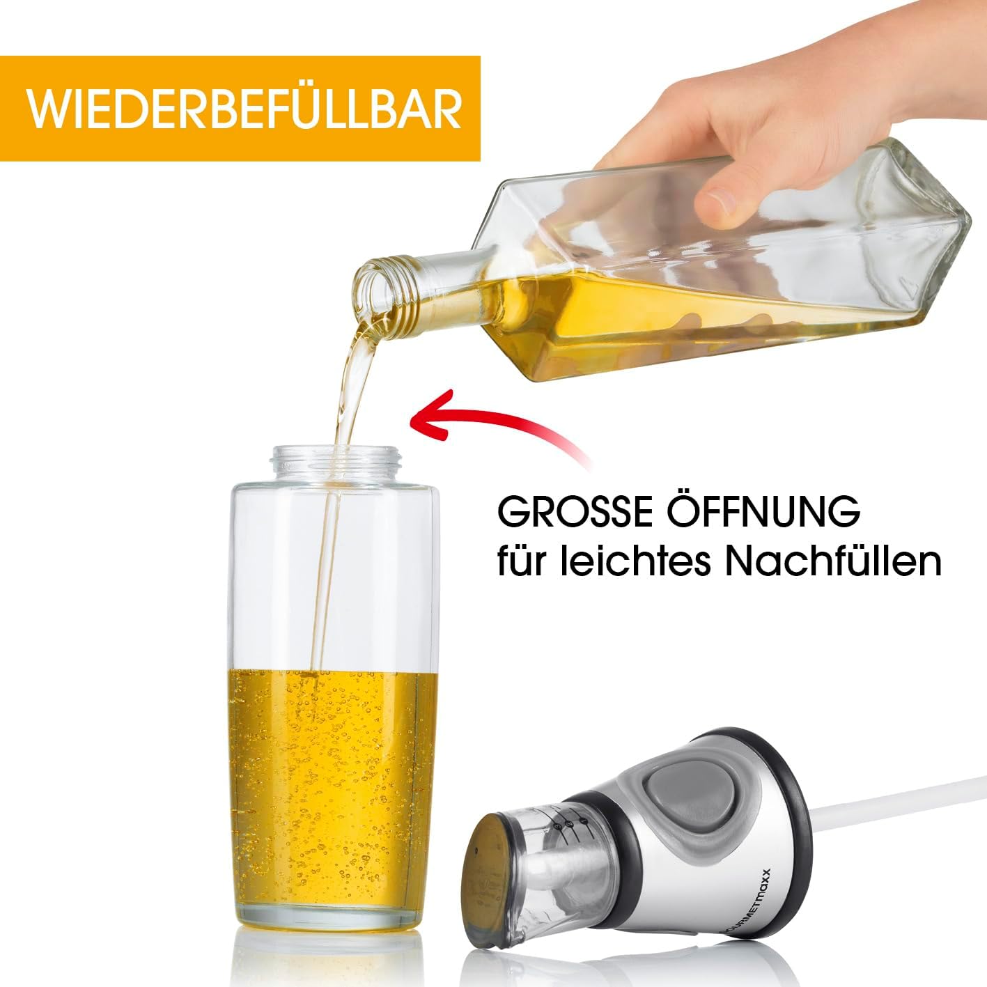 GOURMETmaxx Ölspender mit Dosierhilfe | Glasflasche mit Messskala in ml, EL & TL | Exakte Dosierung von Öl, Essig & mehr | Hygienisch, auslaufsicher & wiederverwendbar | Für Küche, Grill & Outdoor — Ansicht 6