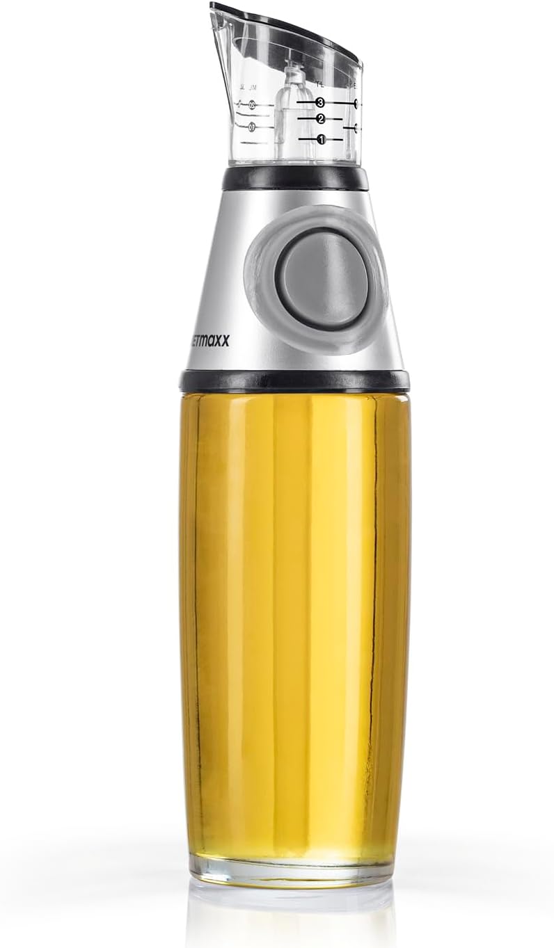 GOURMETmaxx Ölspender mit Dosierhilfe | Glasflasche mit Messskala in ml, EL & TL | Exakte Dosierung von Öl, Essig & mehr | Hygienisch, auslaufsicher & wiederverwendbar | Für Küche, Grill & Outdoor