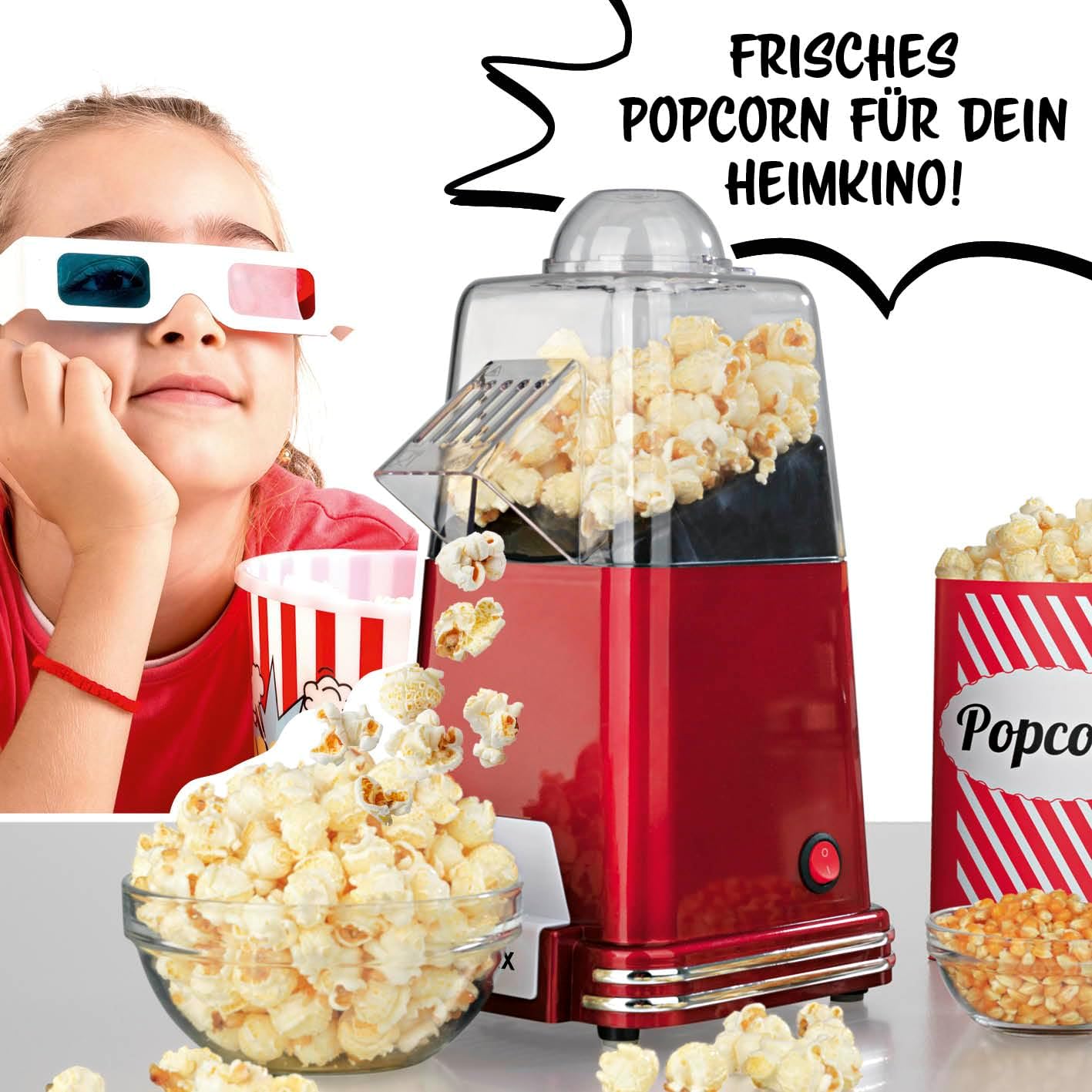 GOURMETmaxx Popcorn-Maschine | Popcorn-Maker | Retro-Design | Heiße Luftzirkulation | Zubereitung ohne Öl | Fertig in 1-2 Minuten | Ideal für Kindergeburtstage, Filmabende u.v.m. | 1000 W [Rot] — Ansicht 2