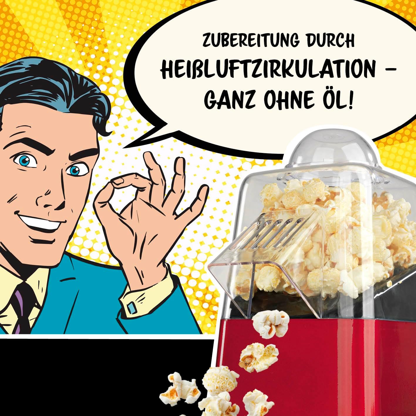 GOURMETmaxx Popcorn-Maschine | Popcorn-Maker | Retro-Design | Heiße Luftzirkulation | Zubereitung ohne Öl | Fertig in 1-2 Minuten | Ideal für Kindergeburtstage, Filmabende u.v.m. | 1000 W [Rot] — Ansicht 3
