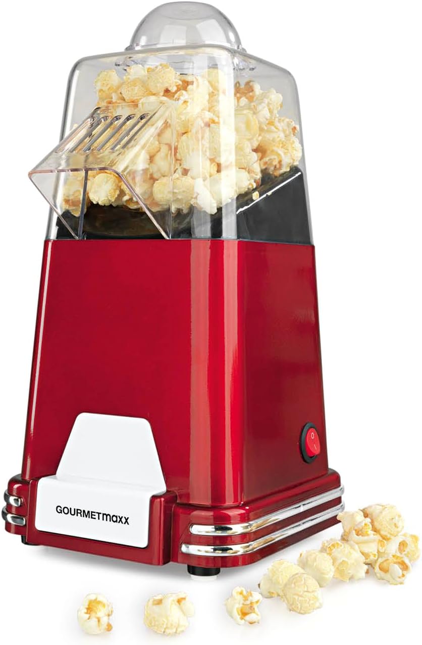 GOURMETmaxx Popcorn-Maschine | Popcorn-Maker | Retro-Design | Heiße Luftzirkulation | Zubereitung ohne Öl | Fertig in 1-2 Minuten | Ideal für Kindergeburtstage, Filmabende u.v.m. | 1000 W [Rot]