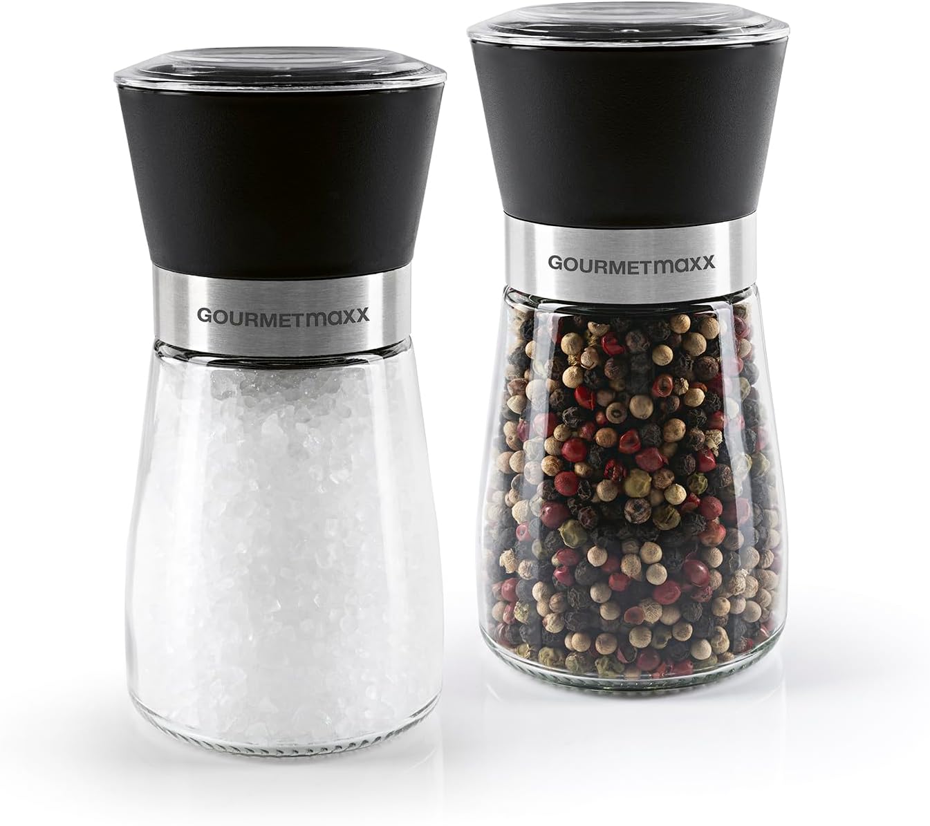 GOURMETmaxx Salz- & Pfeffermühlen 2er-Set | Gewürzmühlen mit stufenlos einstellbarem Keramikmahlwerk | Leichtes mahlen von Gewürzen & Kräutern | Je 180ml Füllvolumen | Einfache Reinigung & Befüllung