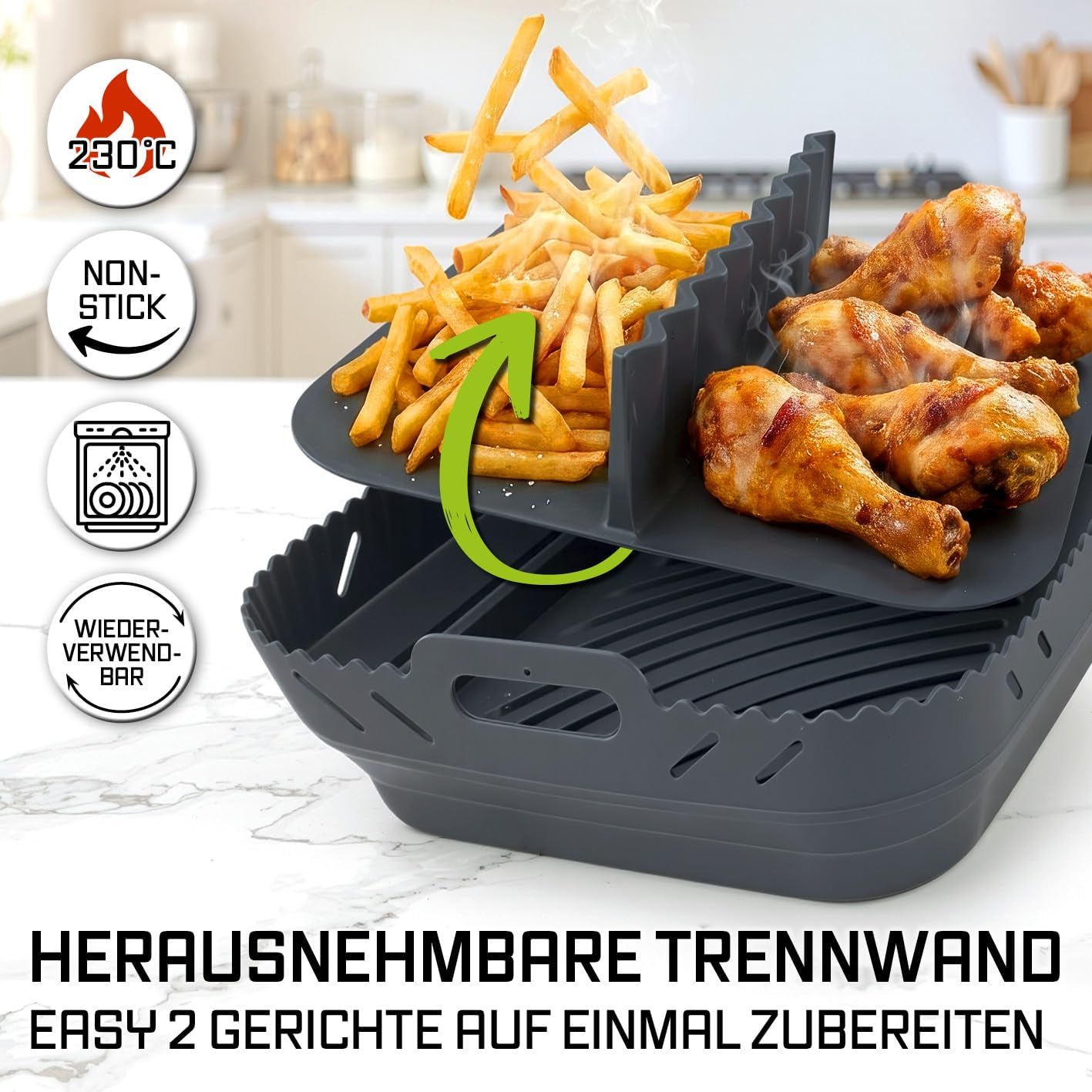 GOURMETmaxx Silikonform Heißluftfritteuse - 2er-Set - 4L - Airfryer Zubehör | Heißluftfritteuse Zubehör mit Trennwand | Wiederverwendbar Air Fryer Silikon Einsatz | Silikon Backform 21,2 x 21,2 x 8 cm — Ansicht 2