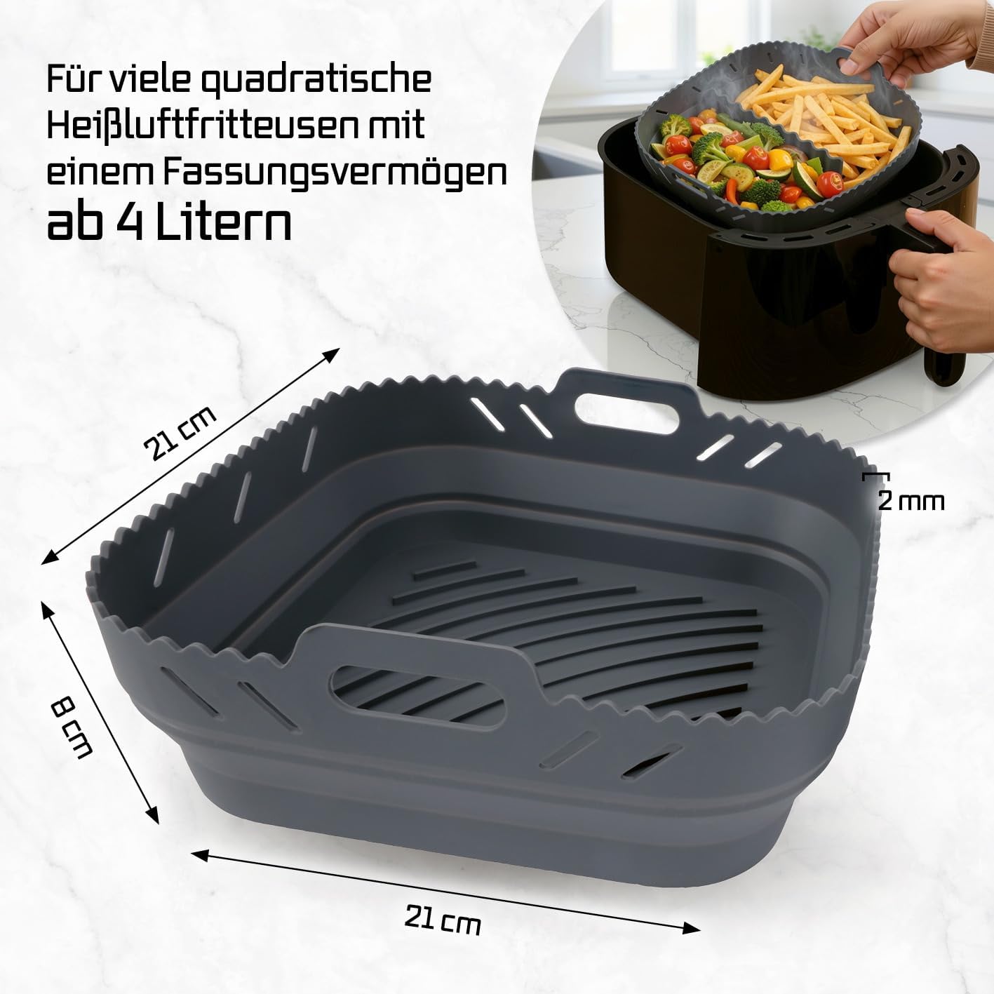 GOURMETmaxx Silikonform Heißluftfritteuse - 2er-Set - 4L - Airfryer Zubehör | Heißluftfritteuse Zubehör mit Trennwand | Wiederverwendbar Air Fryer Silikon Einsatz | Silikon Backform 21,2 x 21,2 x 8 cm — Ansicht 6