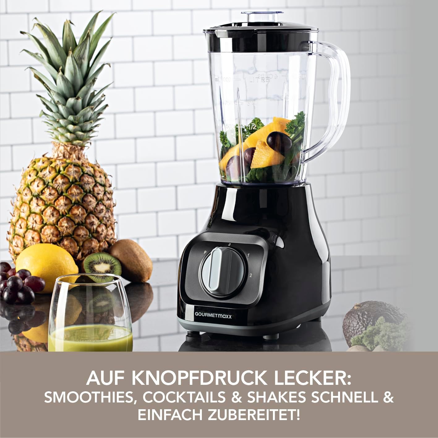 GOURMETmaxx Standmixer mit 4 Edelstahlklingen, 2 Geschwindigkeiten & Pulse-Funktion I Mixbehälter geeignet für die Spülmaschine & BPA-frei I Für Smoothies, Shakes, Cocktails & Dips [22.000 U/min] — Ansicht 2