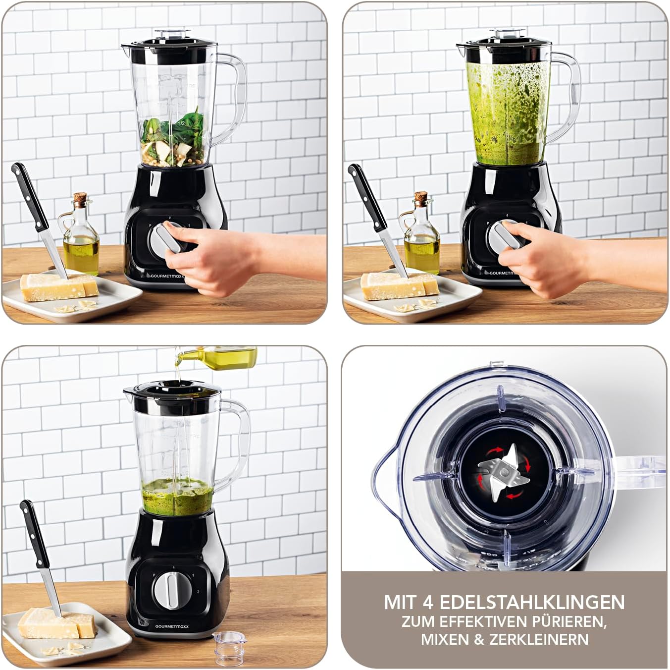 GOURMETmaxx Standmixer mit 4 Edelstahlklingen, 2 Geschwindigkeiten & Pulse-Funktion I Mixbehälter geeignet für die Spülmaschine & BPA-frei I Für Smoothies, Shakes, Cocktails & Dips [22.000 U/min] — Ansicht 3
