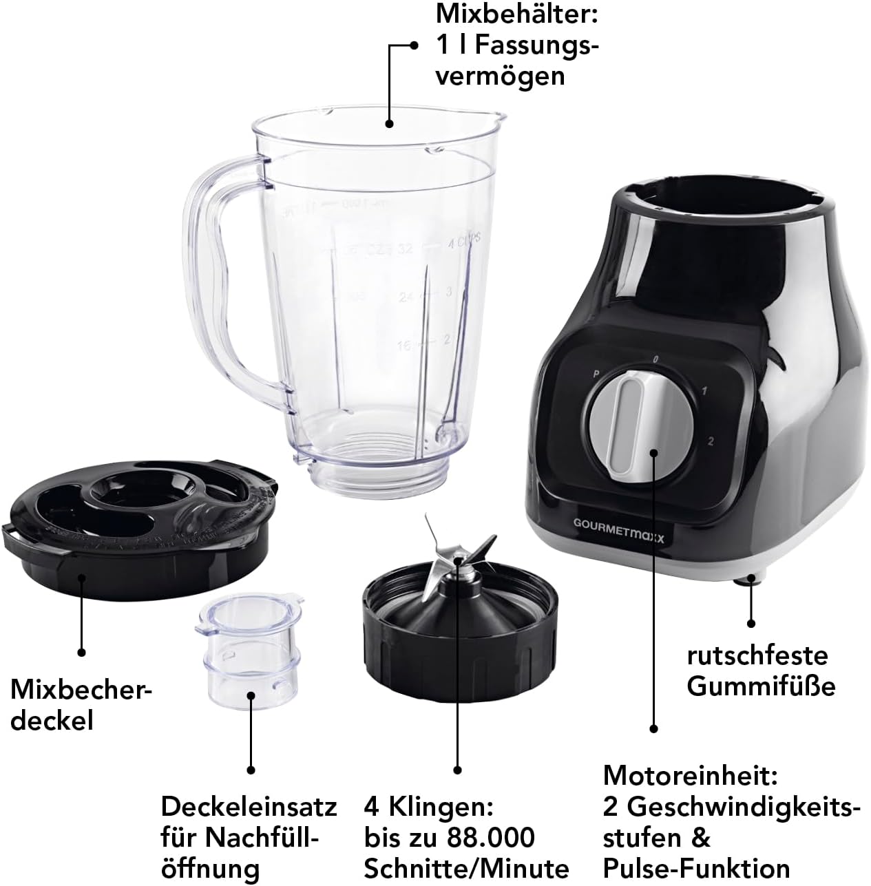 GOURMETmaxx Standmixer mit 4 Edelstahlklingen, 2 Geschwindigkeiten & Pulse-Funktion I Mixbehälter geeignet für die Spülmaschine & BPA-frei I Für Smoothies, Shakes, Cocktails & Dips [22.000 U/min] — Ansicht 4