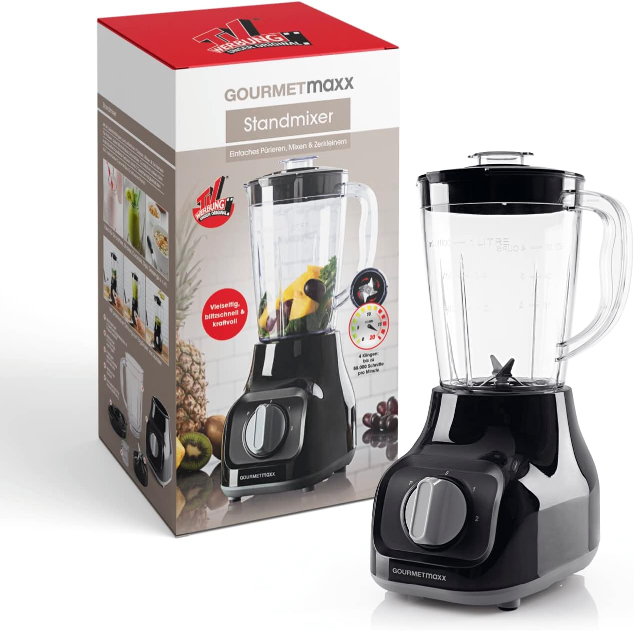 GOURMETmaxx Standmixer mit 4 Edelstahlklingen, 2 Geschwindigkeiten & Pulse-Funktion I Mixbehälter geeignet für die Spülmaschine & BPA-frei I Für Smoothies, Shakes, Cocktails & Dips [22.000 U/min] — Ansicht 6