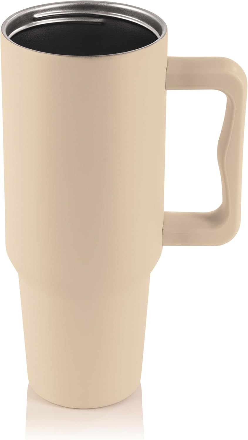 GOURMETmaxx Thermobecher mit Strohhalm & Henkel | 1,2 L Kaffebecher To Go | Isolierbecher mit 2in1 Deckel | Auslaufsicherer Cup, Beige — Ansicht 3