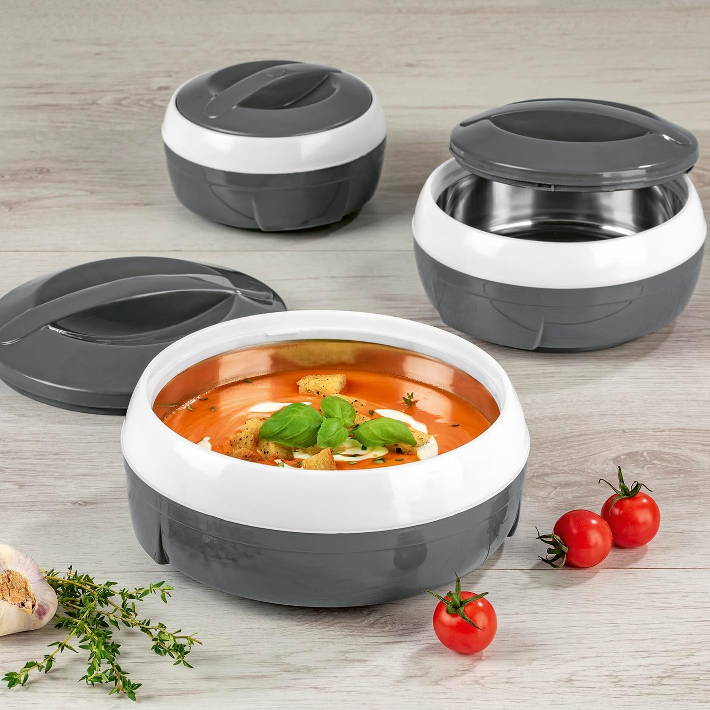 GOURMETmaxx Thermoschüsseln 3er-Set mit Edelstahleinsatz | Doppelwandig isolierte Warmhalte- & Kühlschüsseln | hält bis zu 4 Std. warm oder kalt | 550 ml, 800 ml & 1300 ml | spülmaschinengeeignet — Ansicht 5