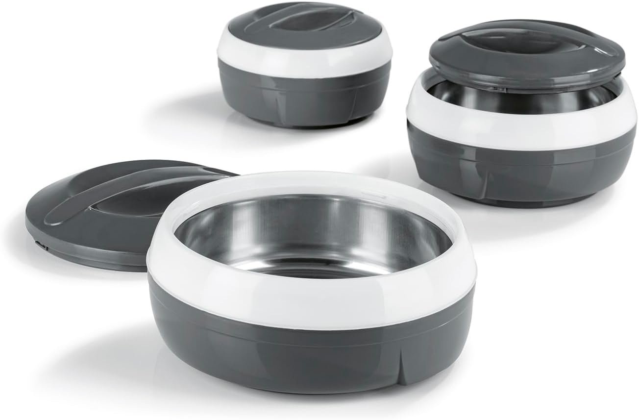 GOURMETmaxx Thermoschüsseln 3er-Set mit Edelstahleinsatz | Doppelwandig isolierte Warmhalte- & Kühlschüsseln | hält bis zu 4 Std. warm oder kalt | 550 ml, 800 ml & 1300 ml | spülmaschinengeeignet