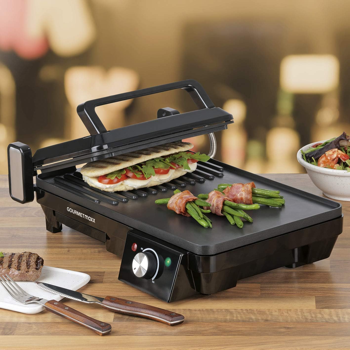 GOURMETmaxx Tischgrill elektrisch - Multifunktional | Kontaktgrill und Tischgrill in Einem, Antihaftbeschichtet | Stufenlose Temperatureinstellung [ 2000 Watt ] — Ansicht 3