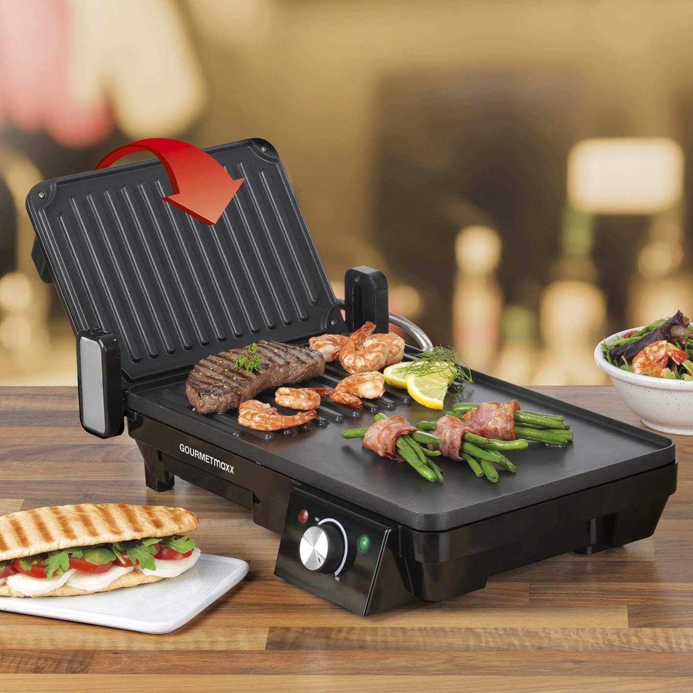 GOURMETmaxx Tischgrill elektrisch - Multifunktional | Kontaktgrill und Tischgrill in Einem, Antihaftbeschichtet | Stufenlose Temperatureinstellung [ 2000 Watt ] — Ansicht 5