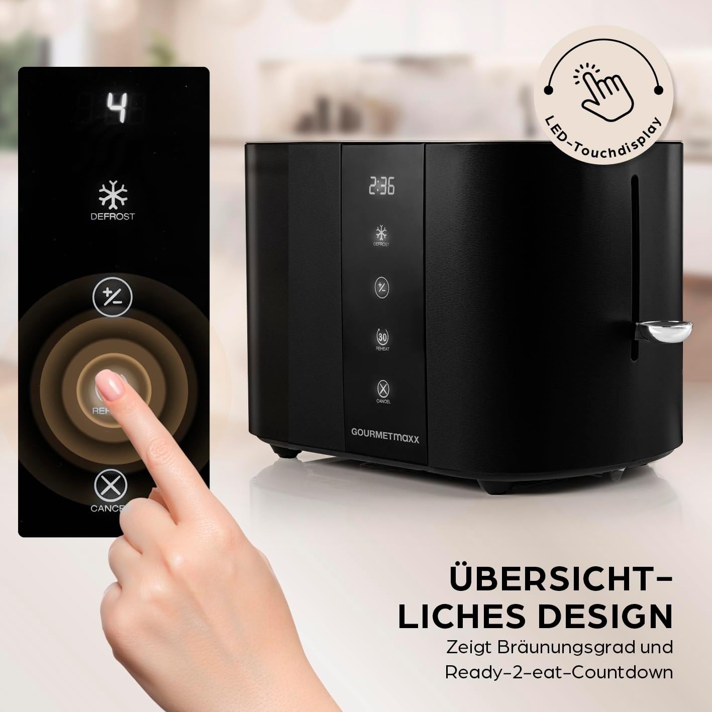 GOURMETmaxx Toaster Kurzschlitz für 2-Scheiben | Schwarzer Toaströster mit 6 Bräunungsgraden und Ready-2-eat-Countdown | Elektrisches Küchengerät mit Touchdisplay, Brötchenaufsatz & Aufwärmfunktion — Ansicht 2