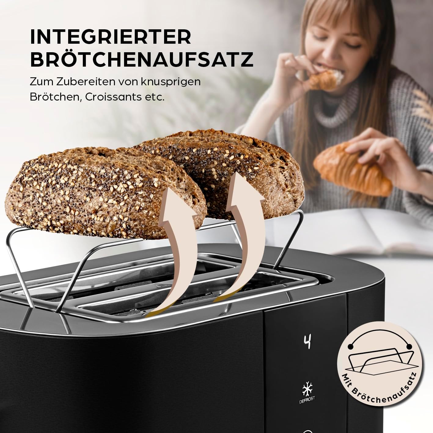 GOURMETmaxx Toaster Kurzschlitz für 2-Scheiben | Schwarzer Toaströster mit 6 Bräunungsgraden und Ready-2-eat-Countdown | Elektrisches Küchengerät mit Touchdisplay, Brötchenaufsatz & Aufwärmfunktion — Ansicht 3