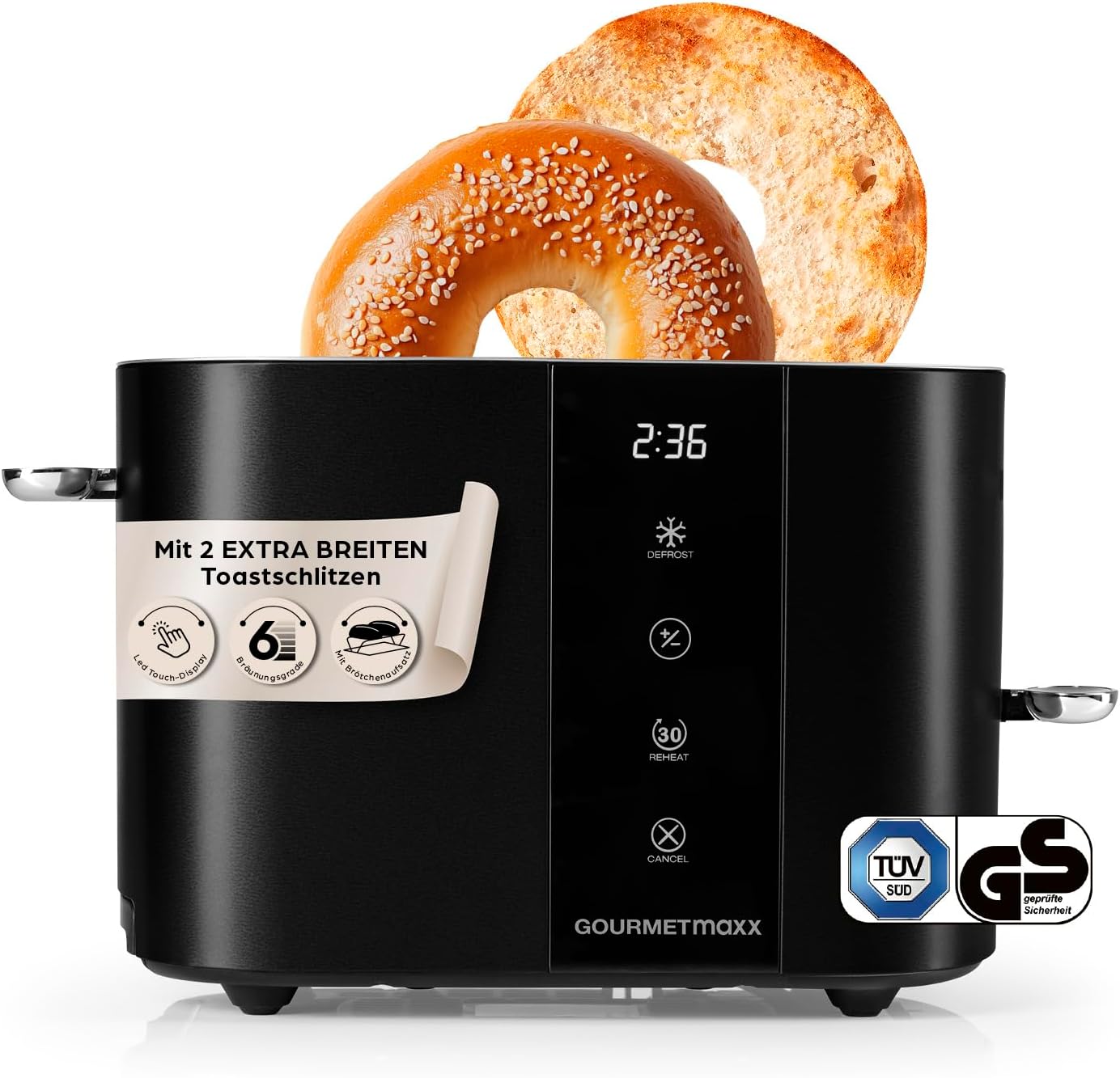 GOURMETmaxx Toaster Kurzschlitz für 2-Scheiben | Schwarzer Toaströster mit 6 Bräunungsgraden und Ready-2-eat-Countdown | Elektrisches Küchengerät mit Touchdisplay, Brötchenaufsatz & Aufwärmfunktion