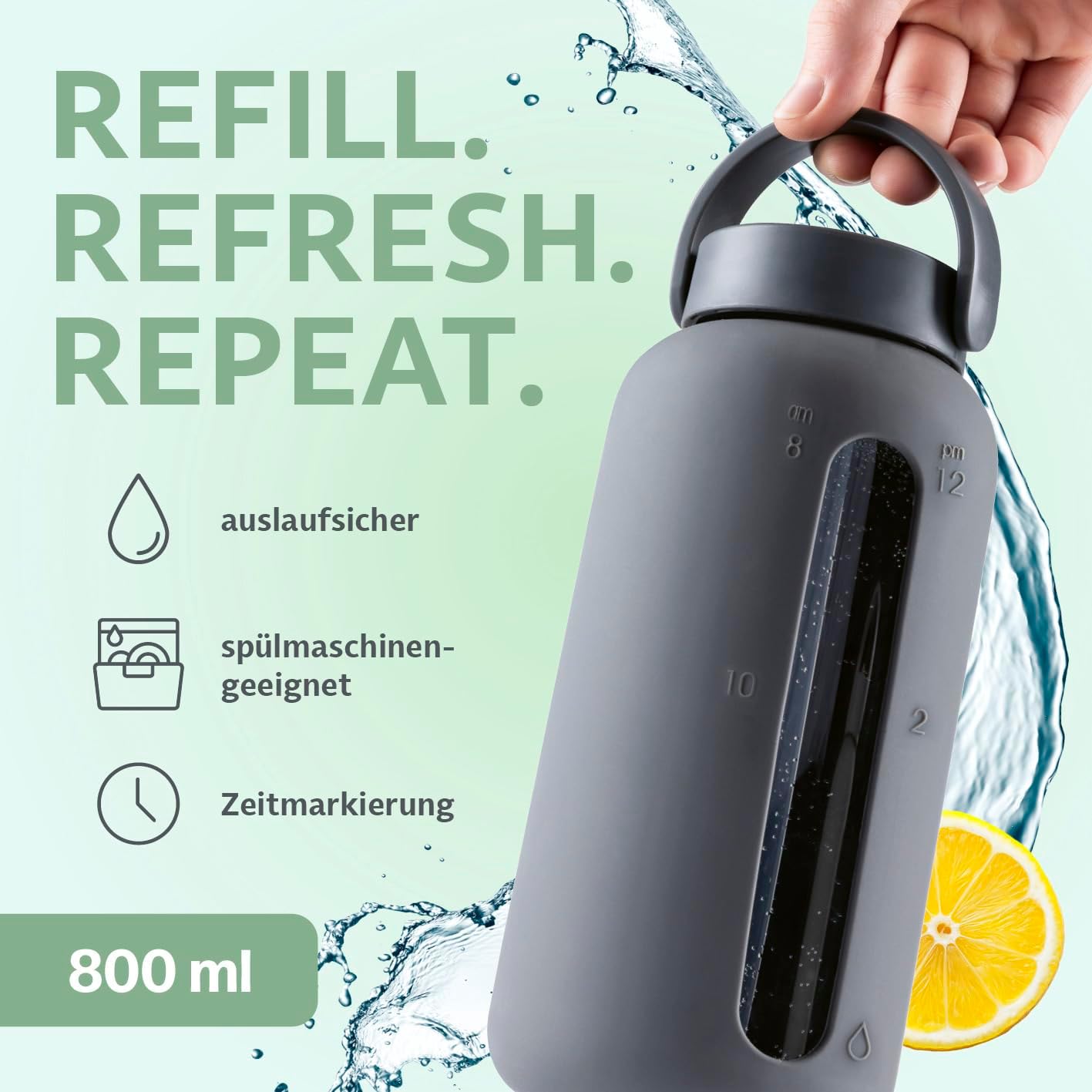 GOURMETmaxx Trinkflasche aus Glas mit Silikonhülle & Strohhalm - 800ml | Wasserflasche inkl. Henkel & Zeitmarkierung | Spülmaschinengeeignete & auslaufsichere Glasflasche | Ideal für Sport, Büro — Ansicht 2