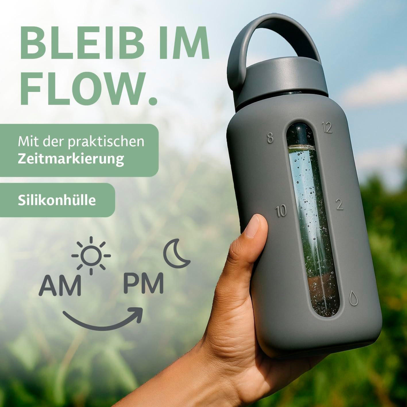 GOURMETmaxx Trinkflasche aus Glas mit Silikonhülle & Strohhalm - 800ml | Wasserflasche inkl. Henkel & Zeitmarkierung | Spülmaschinengeeignete & auslaufsichere Glasflasche | Ideal für Sport, Büro — Ansicht 3