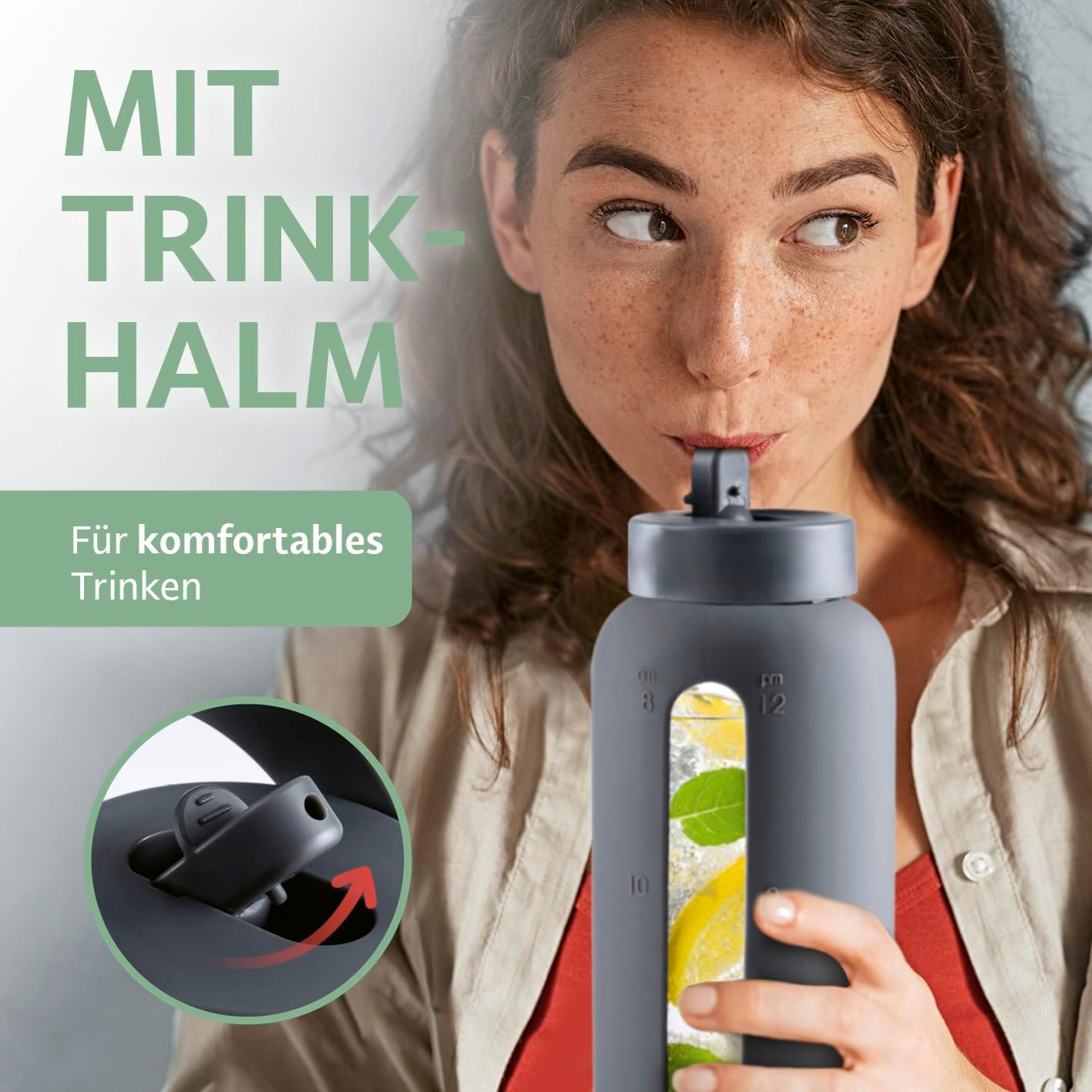 GOURMETmaxx Trinkflasche aus Glas mit Silikonhülle & Strohhalm - 800ml | Wasserflasche inkl. Henkel & Zeitmarkierung | Spülmaschinengeeignete & auslaufsichere Glasflasche | Ideal für Sport, Büro — Ansicht 4