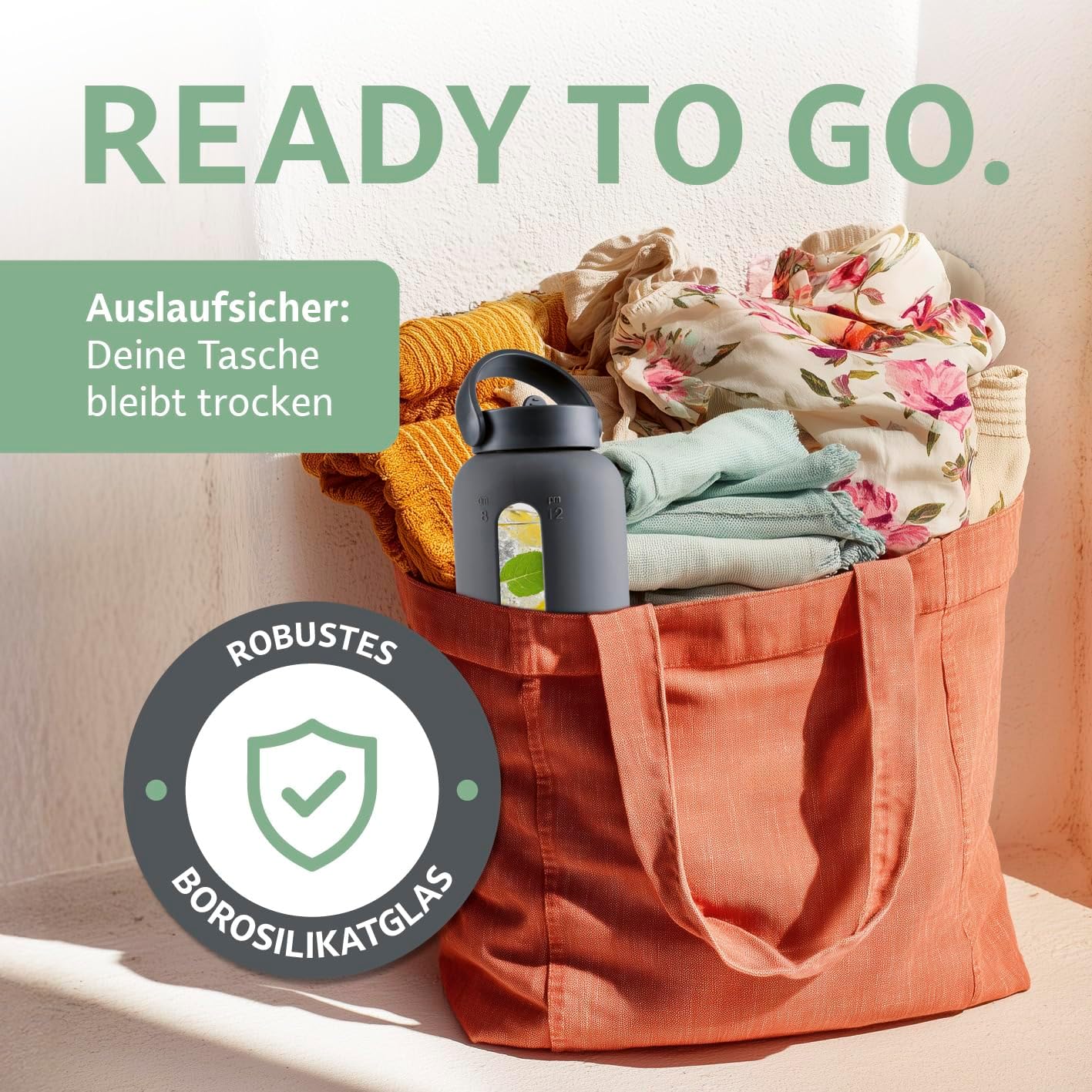 GOURMETmaxx Trinkflasche aus Glas mit Silikonhülle & Strohhalm - 800ml | Wasserflasche inkl. Henkel & Zeitmarkierung | Spülmaschinengeeignete & auslaufsichere Glasflasche | Ideal für Sport, Büro — Ansicht 5