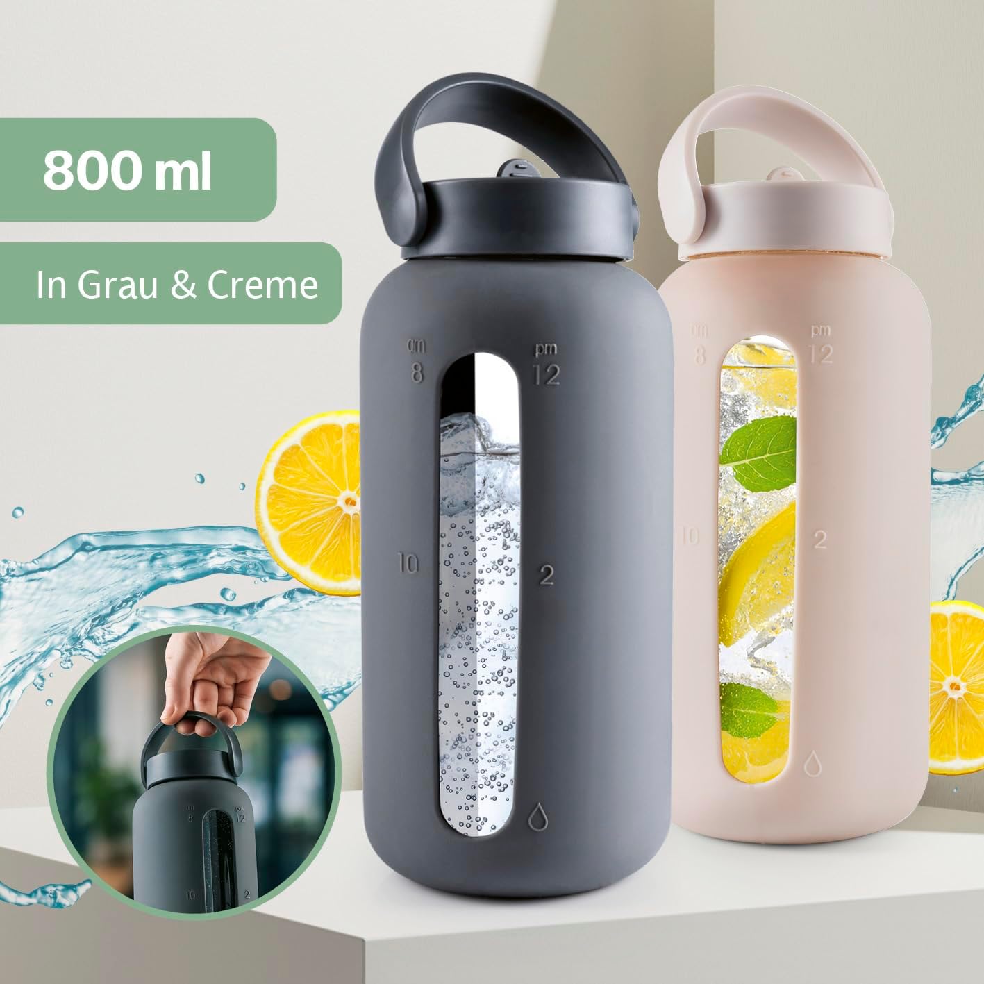 GOURMETmaxx Trinkflasche aus Glas mit Silikonhülle & Strohhalm - 800ml | Wasserflasche inkl. Henkel & Zeitmarkierung | Spülmaschinengeeignete & auslaufsichere Glasflasche | Ideal für Sport, Büro — Ansicht 6