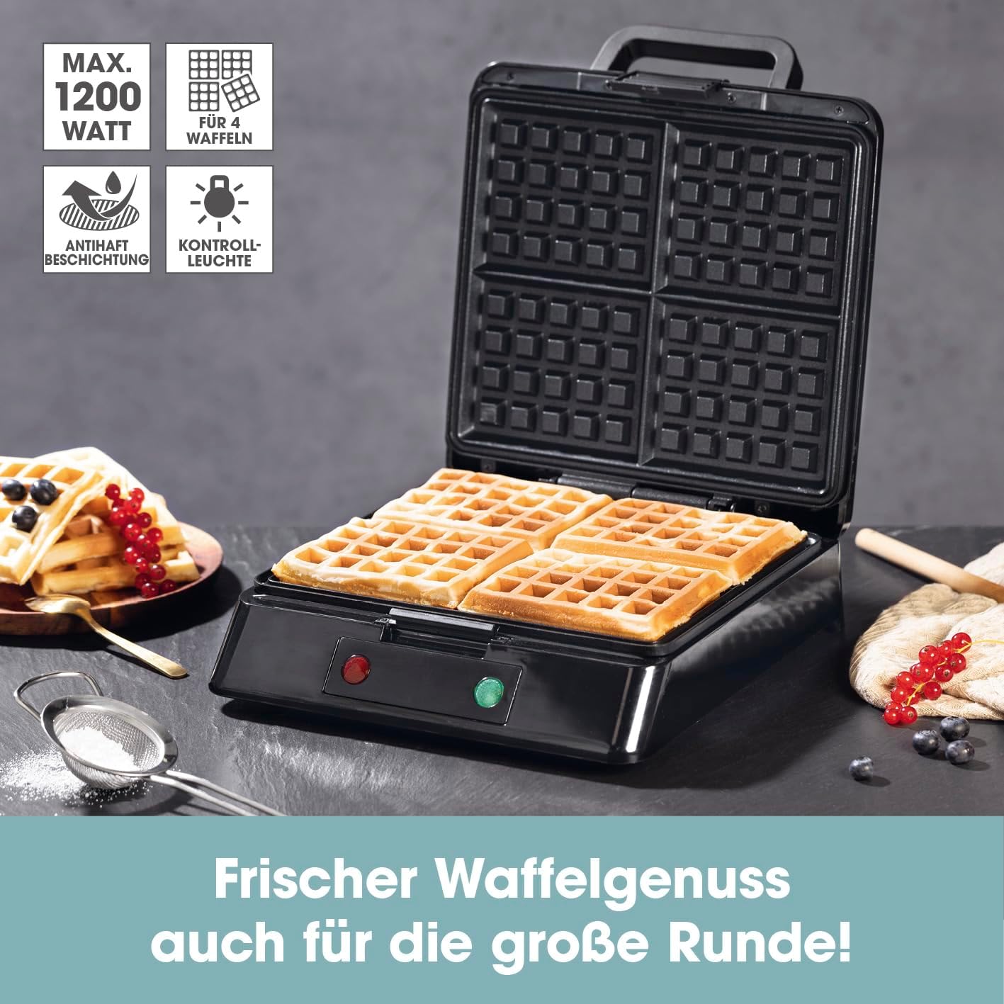 GOURMETmaxx Waffeleisen für 4 Belgische Waffeln | Waffelautomat mit Antihaftbeschichtung, stufenlos einstellbarer Bräunungsgrad und Kontrollleuchte | Duftende belgische Waffeln ganz einfach zubereitet — Ansicht 2